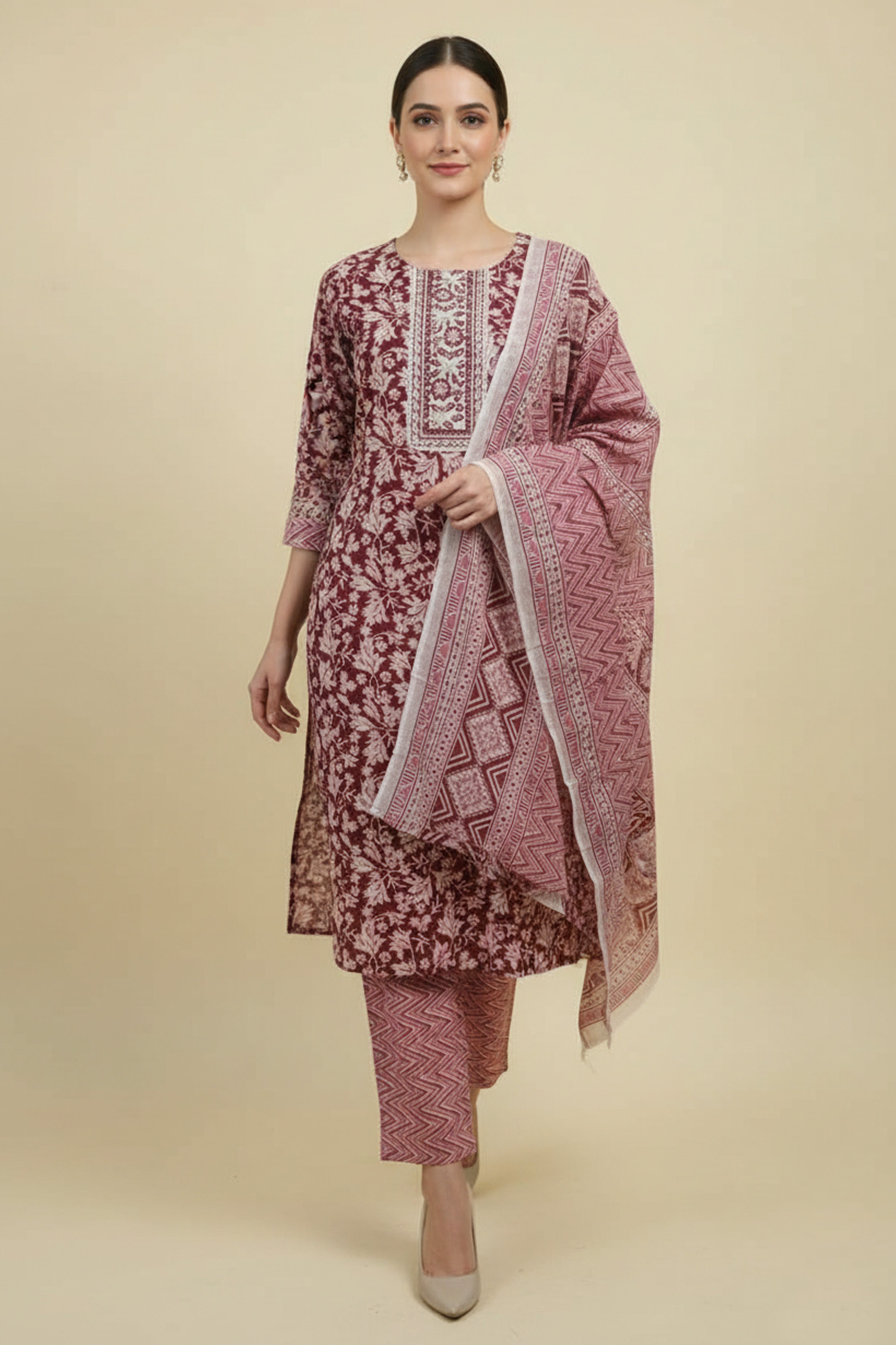 Minimalist Maroon Paisley Printed Pure Cotton Salwar Suit for Casual Wear