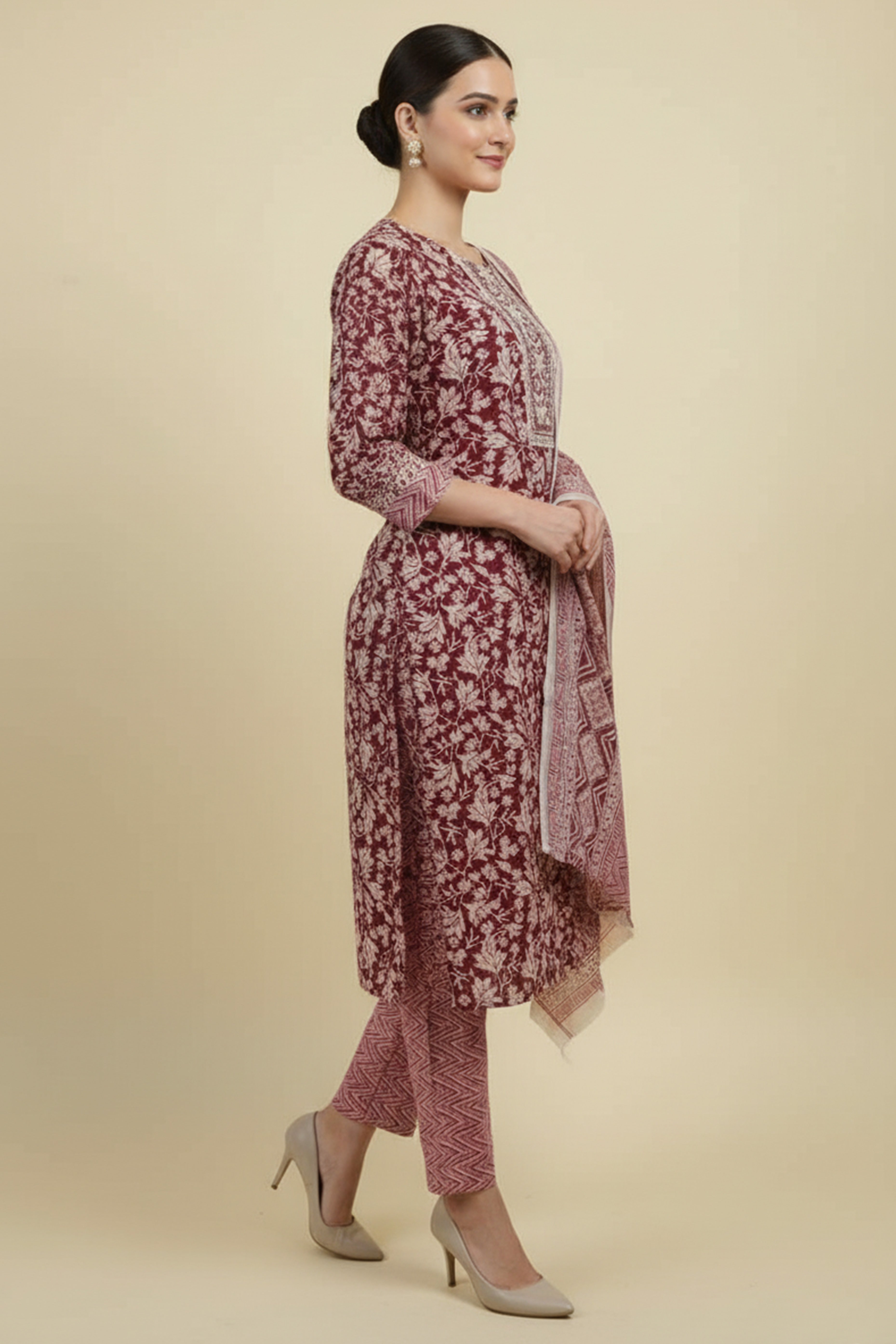 Minimalist Maroon Paisley Printed Pure Cotton Salwar Suit for Casual Wear