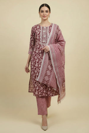 Minimalist Maroon Paisley Printed Pure Cotton Salwar Suit for Casual Wear