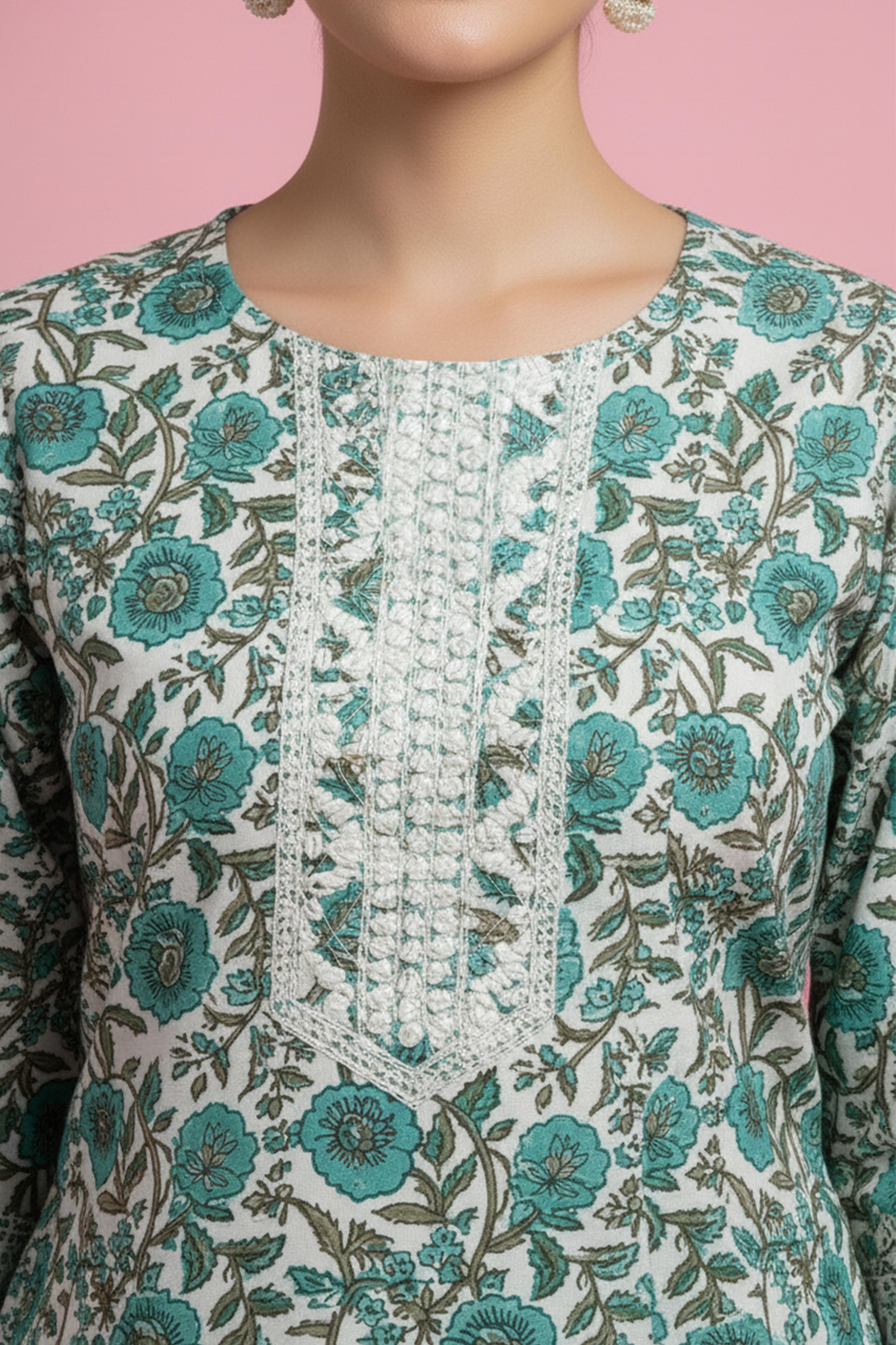 Soft Pure Cotton Sea Green Floral Suit with Handcrafted Neck Patch Design