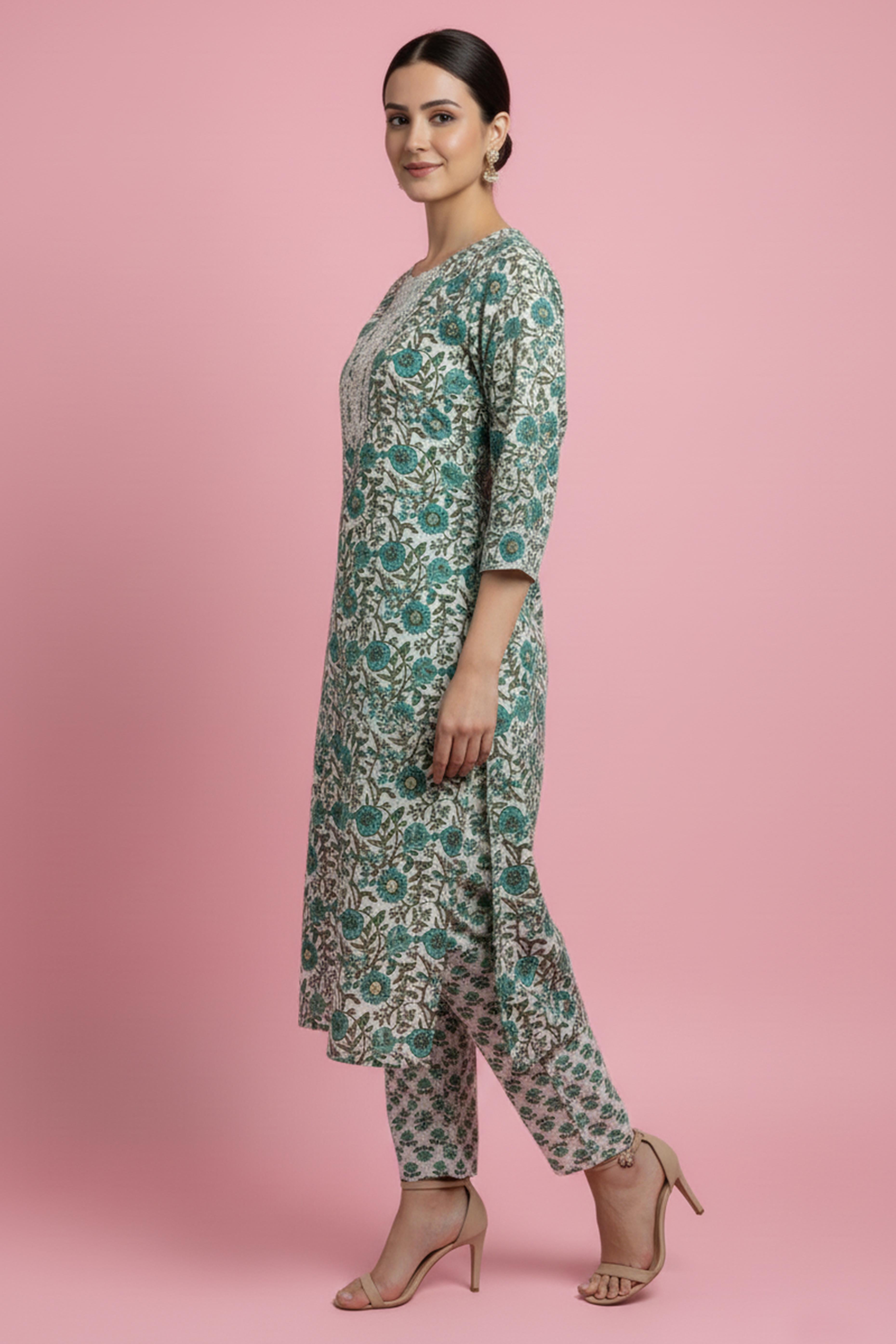 Soft Pure Cotton Sea Green Floral Suit with Handcrafted Neck Patch Design