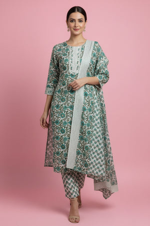 Soft Pure Cotton Sea Green Floral Suit with Handcrafted Neck Patch Design