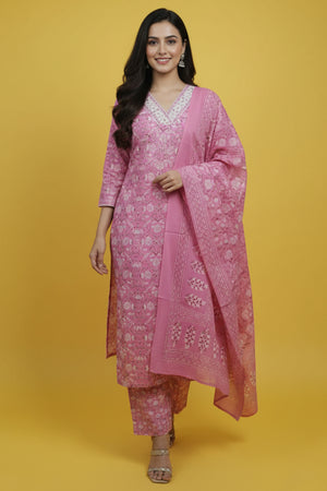 Beautiful Pink Floral Printed Pure Cotton Straight Cut Suit Perfect for Casual Wear