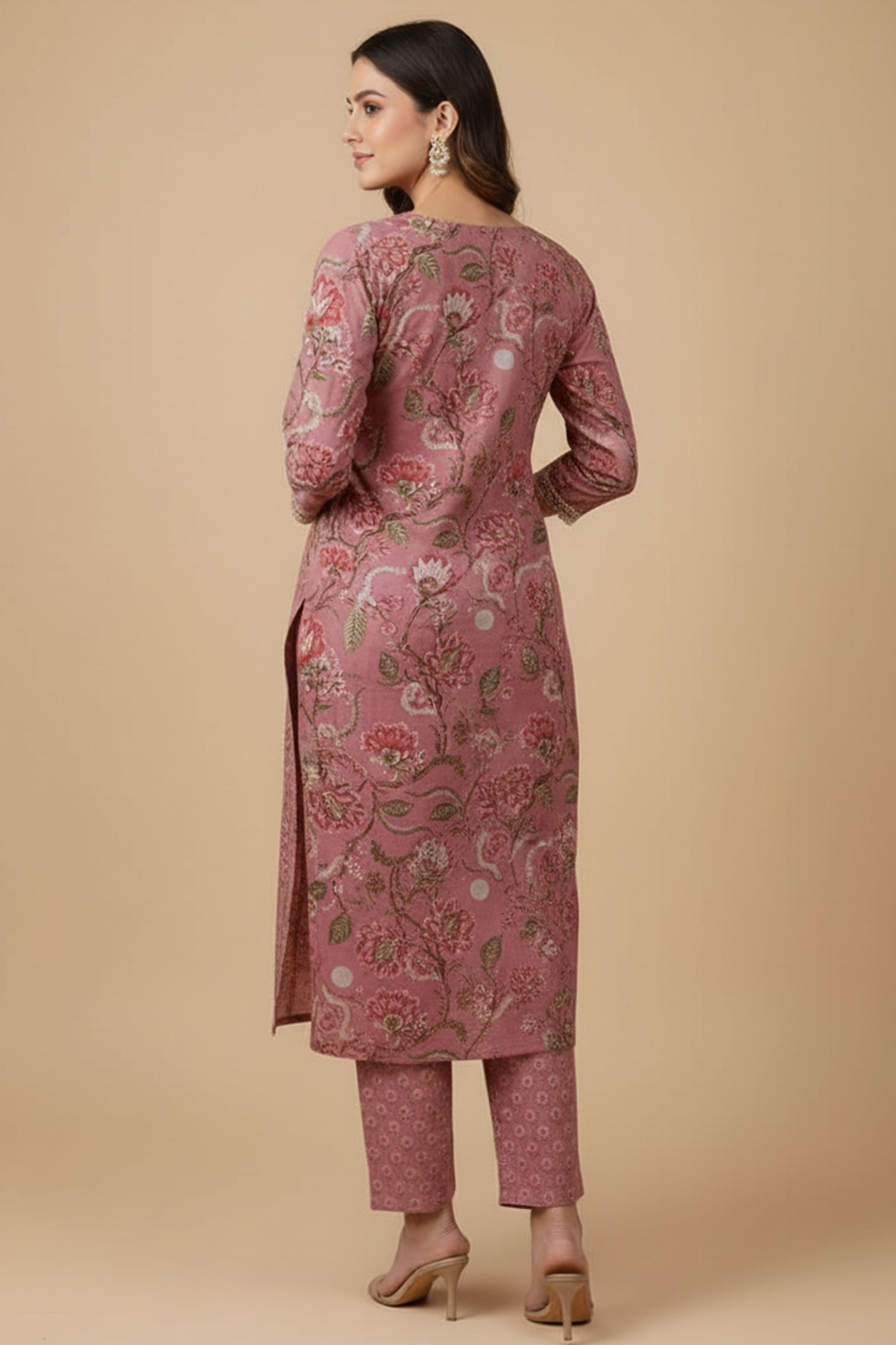 Pink Floral Print Straight Cut Suit Set in Breathable Pure Cotton Fabric