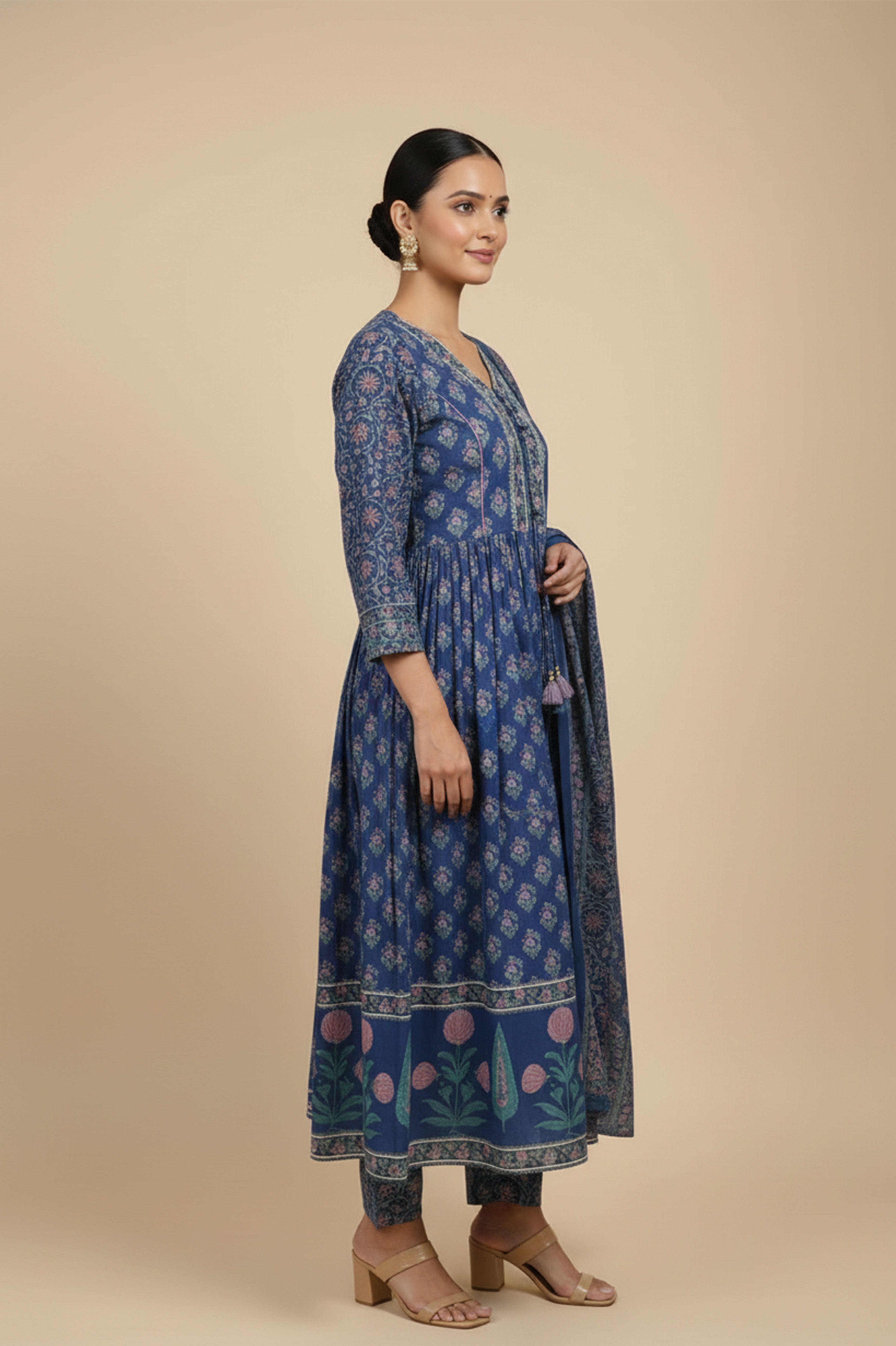 Blue Floral Print Anarkali Salwar Suit Made from Soft and Breathable Pure Cotton Fabric