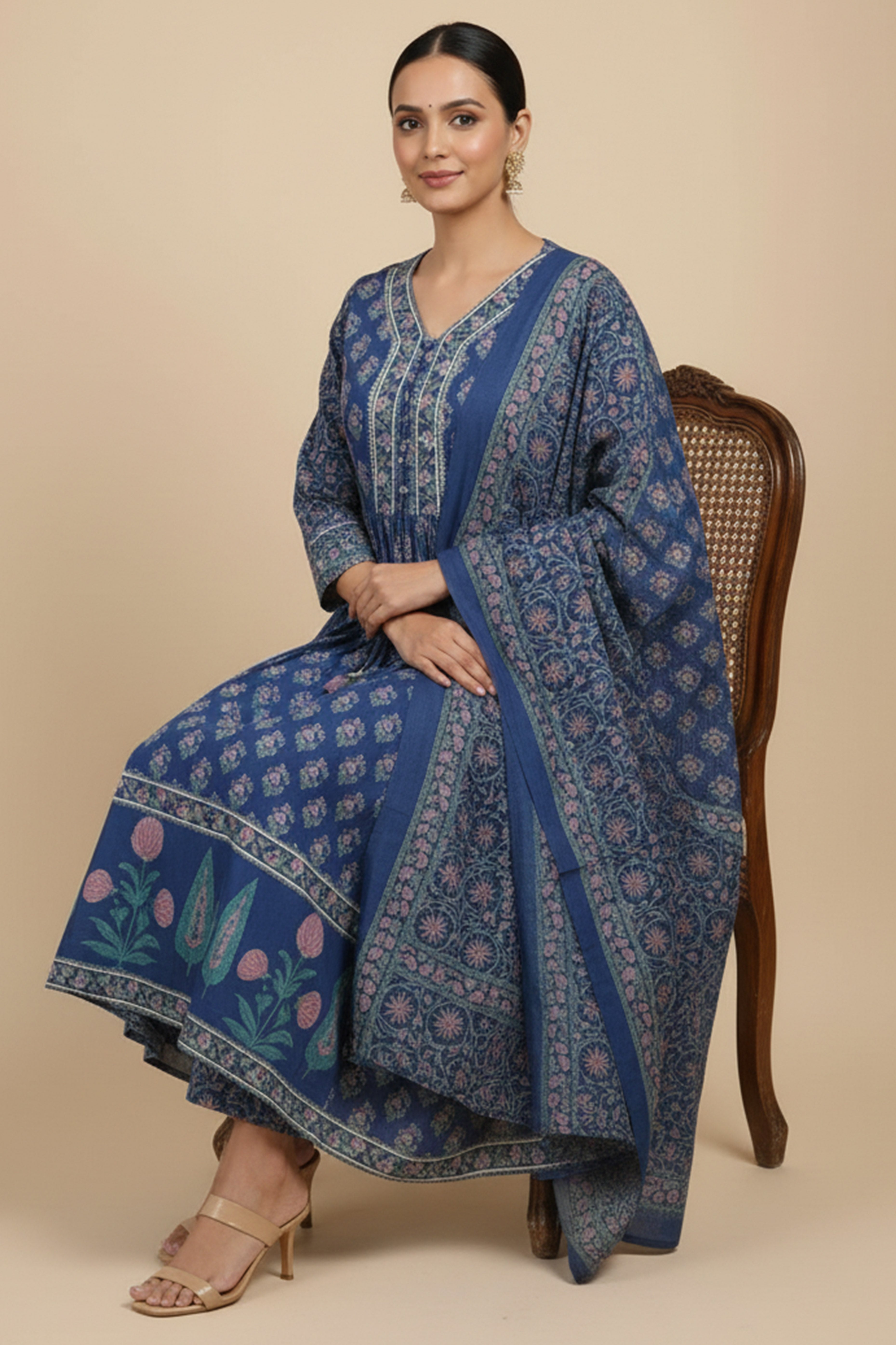 Blue Floral Print Anarkali Salwar Suit Made from Soft and Breathable Pure Cotton Fabric