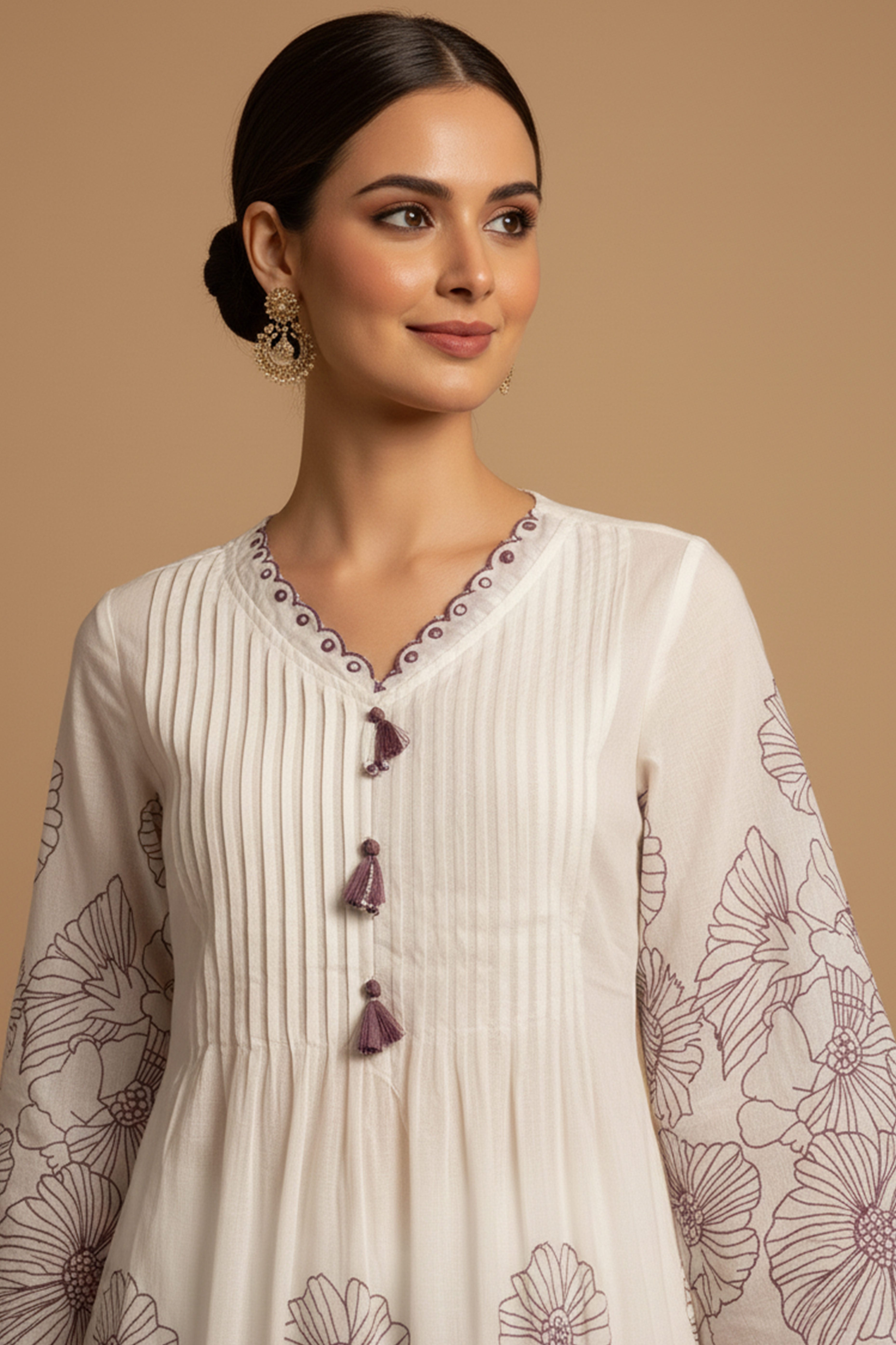 Modern White Pure Cotton A-Line Top Bottom Set Highlighted with Elegant Floral Prints