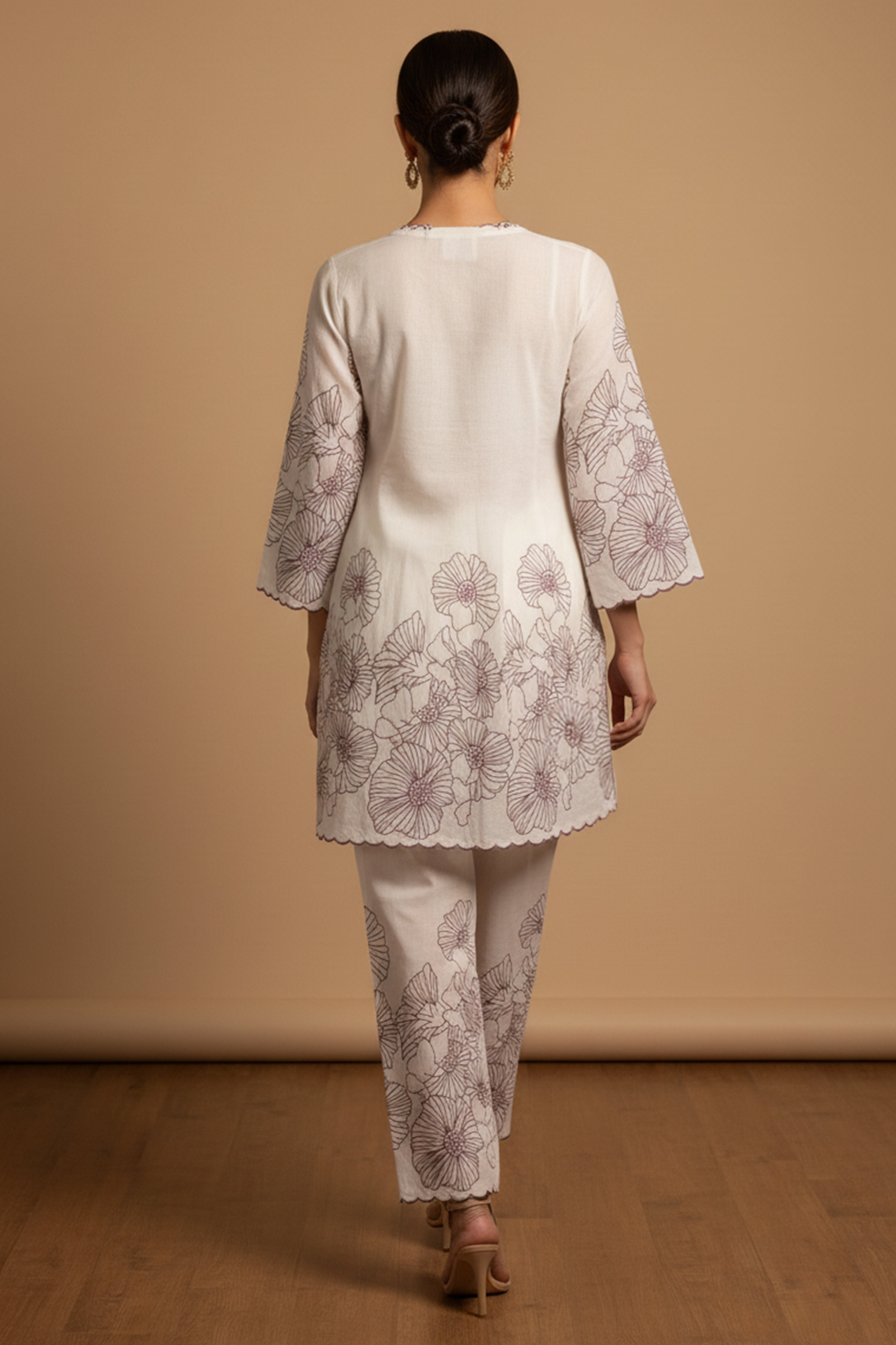 Modern White Pure Cotton A-Line Top Bottom Set Highlighted with Elegant Floral Prints