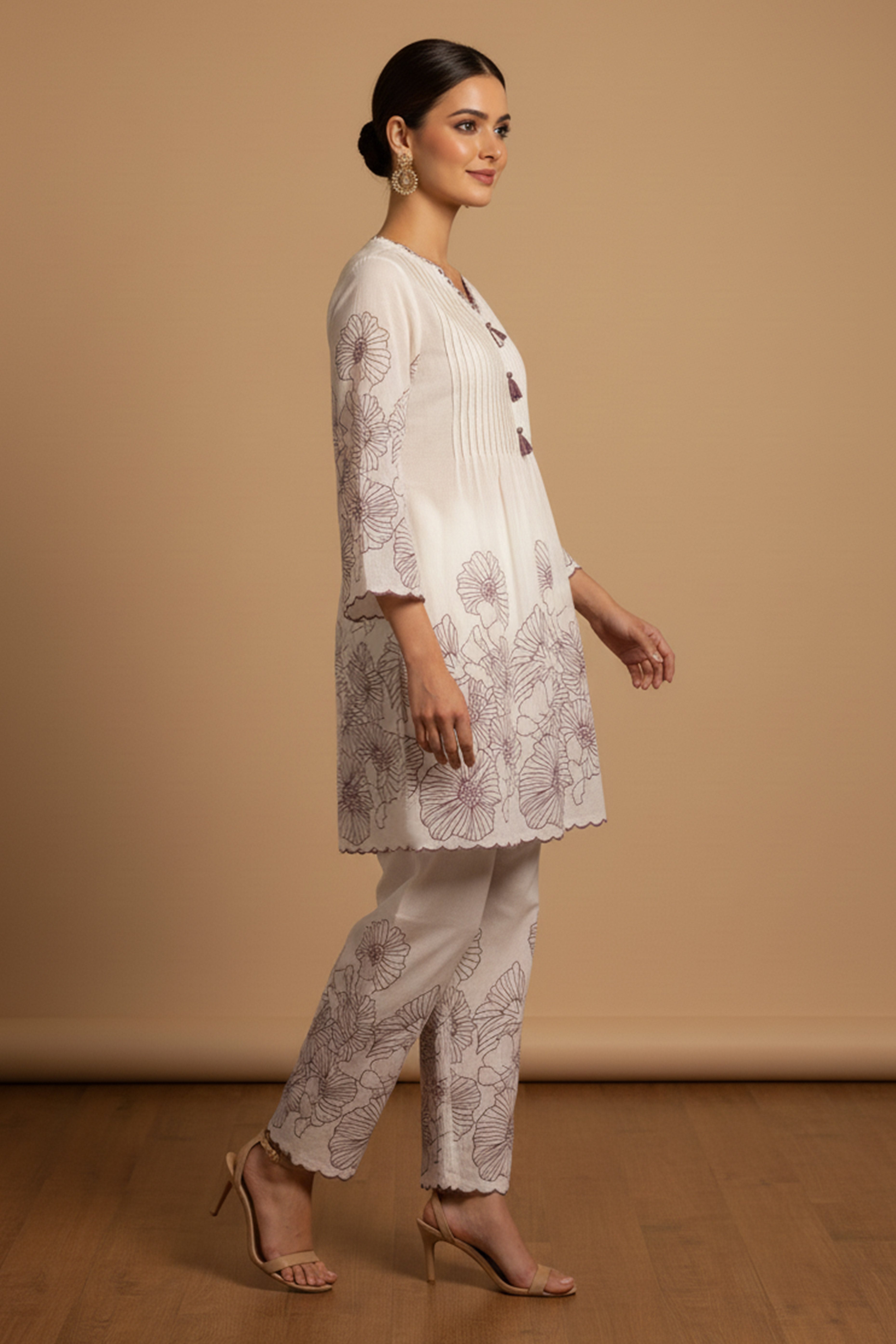 Modern White Pure Cotton A-Line Top Bottom Set Highlighted with Elegant Floral Prints