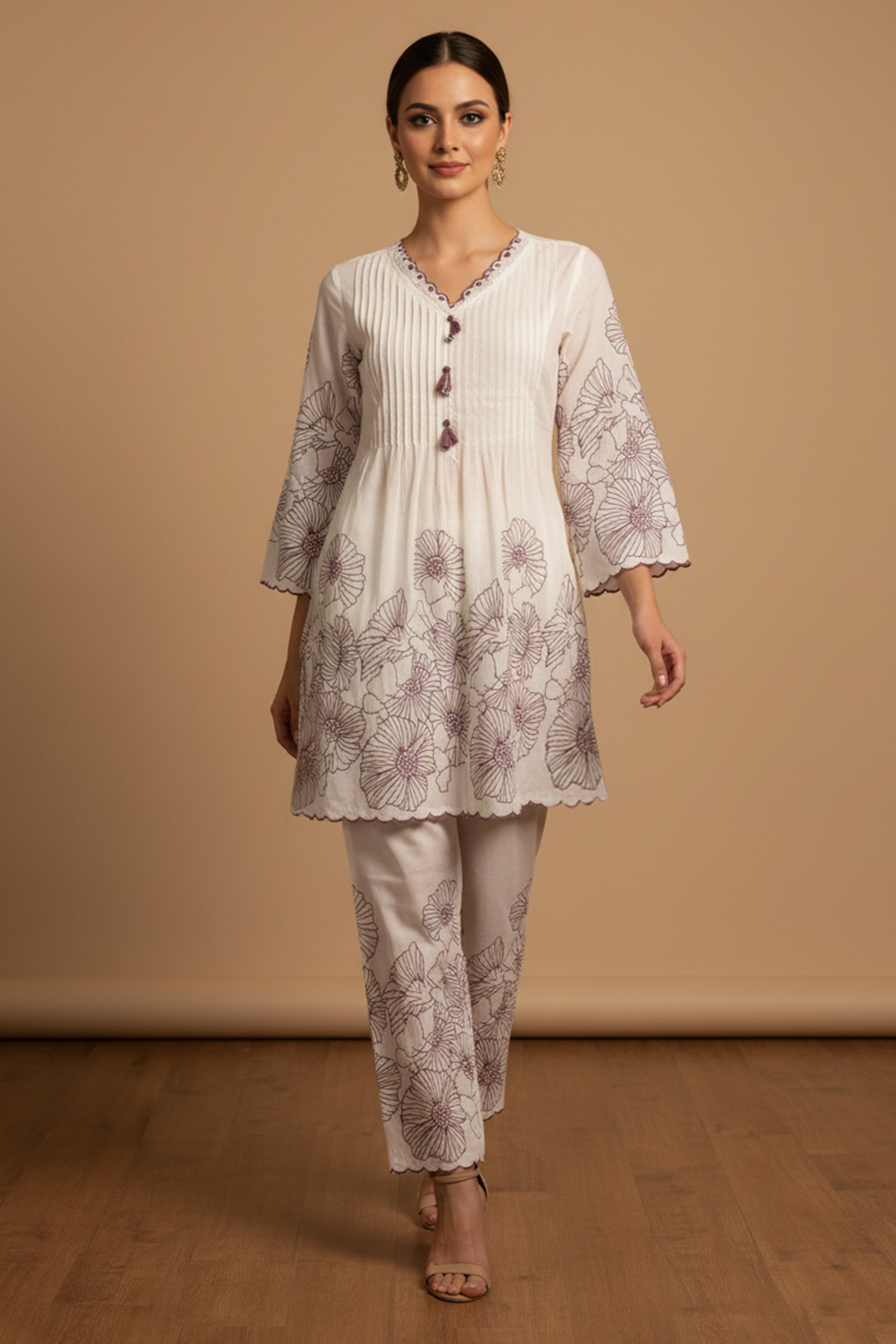 Modern White Pure Cotton A-Line Top Bottom Set Highlighted with Elegant Floral Prints