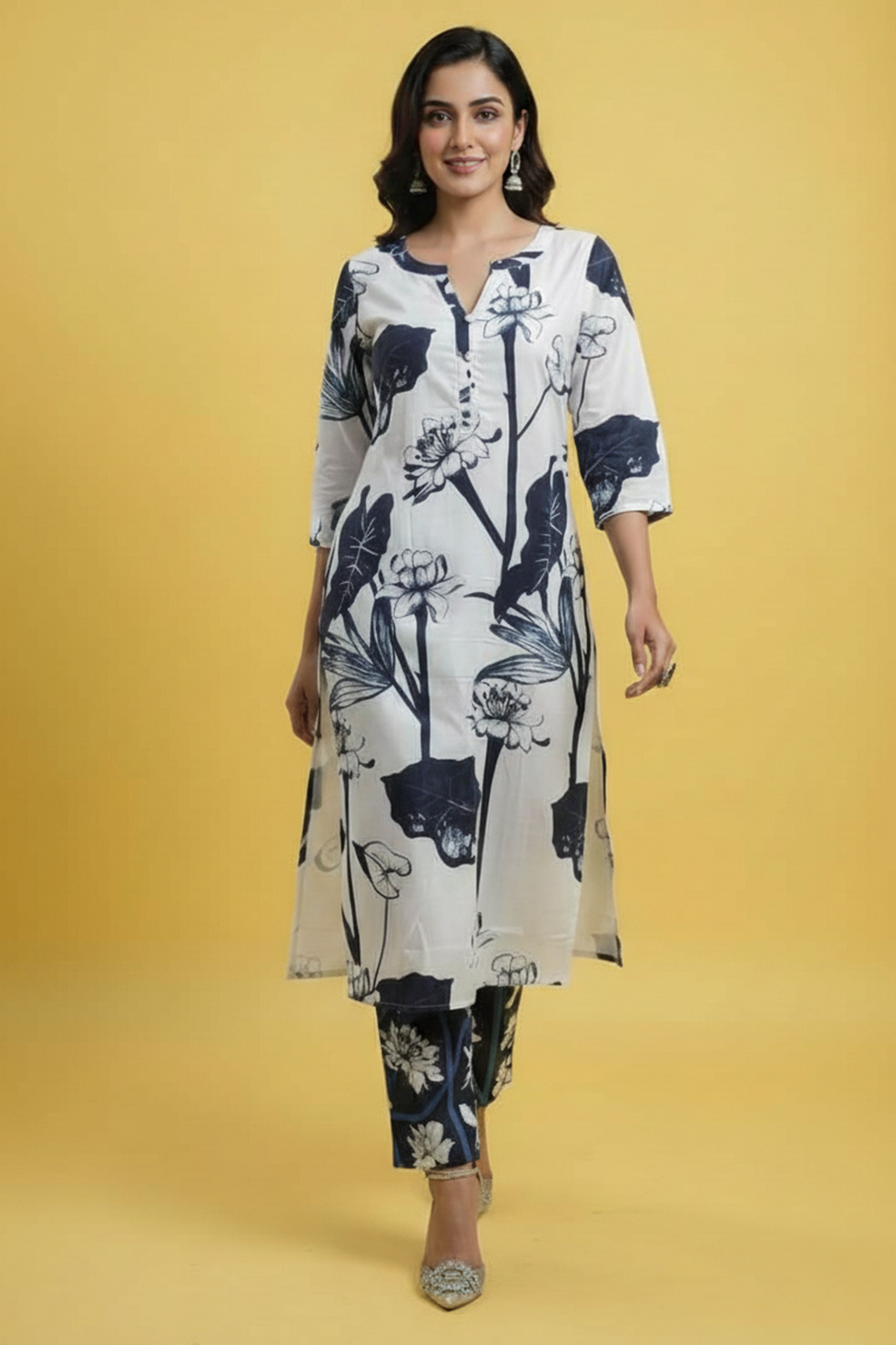 Modern White Straight Cut Top Bottom Set with Lightweight Cotton Fabric