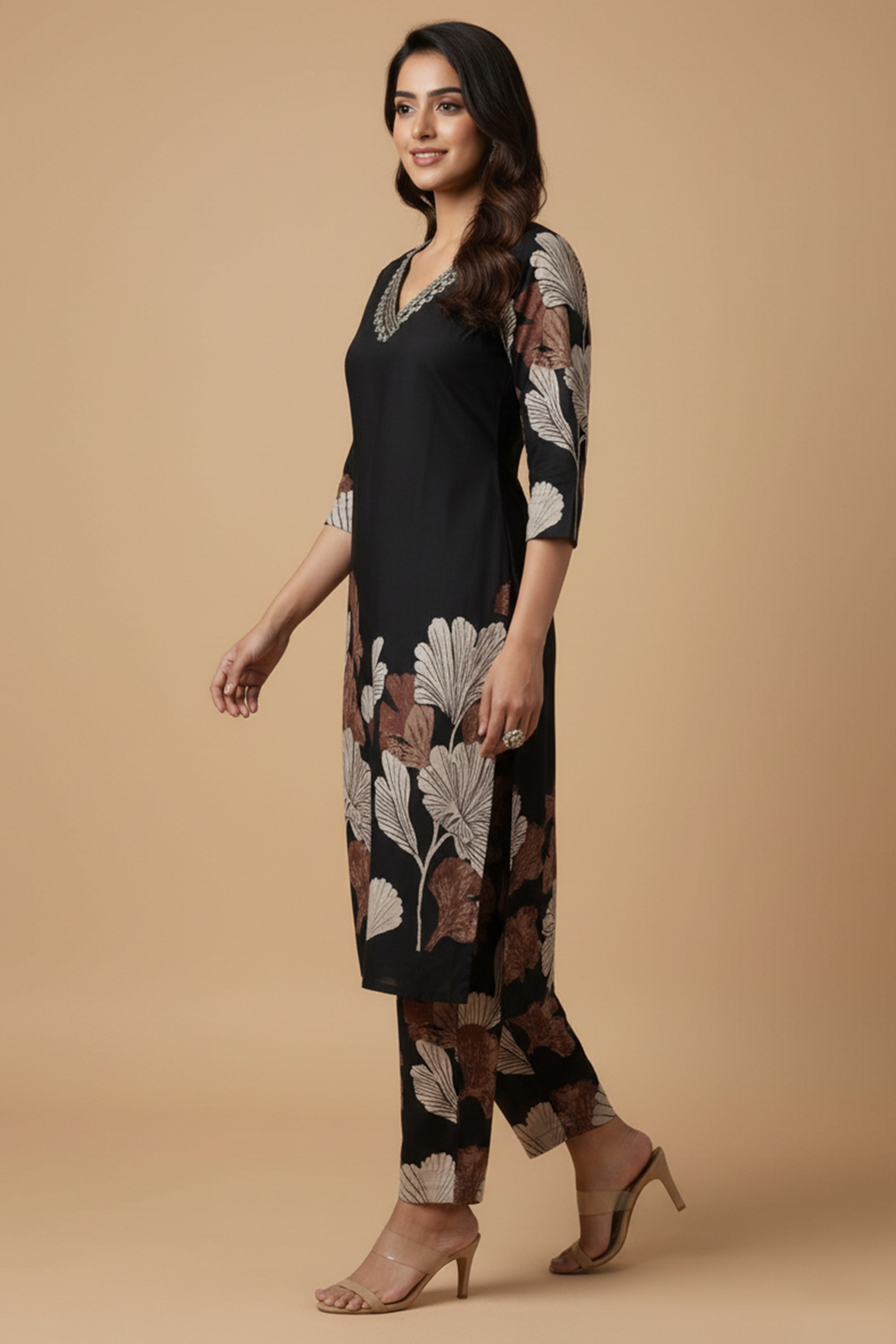 Fashionable Black Pure Cotton Top Bottom Set Highlighted with Vibrant Floral Patterns