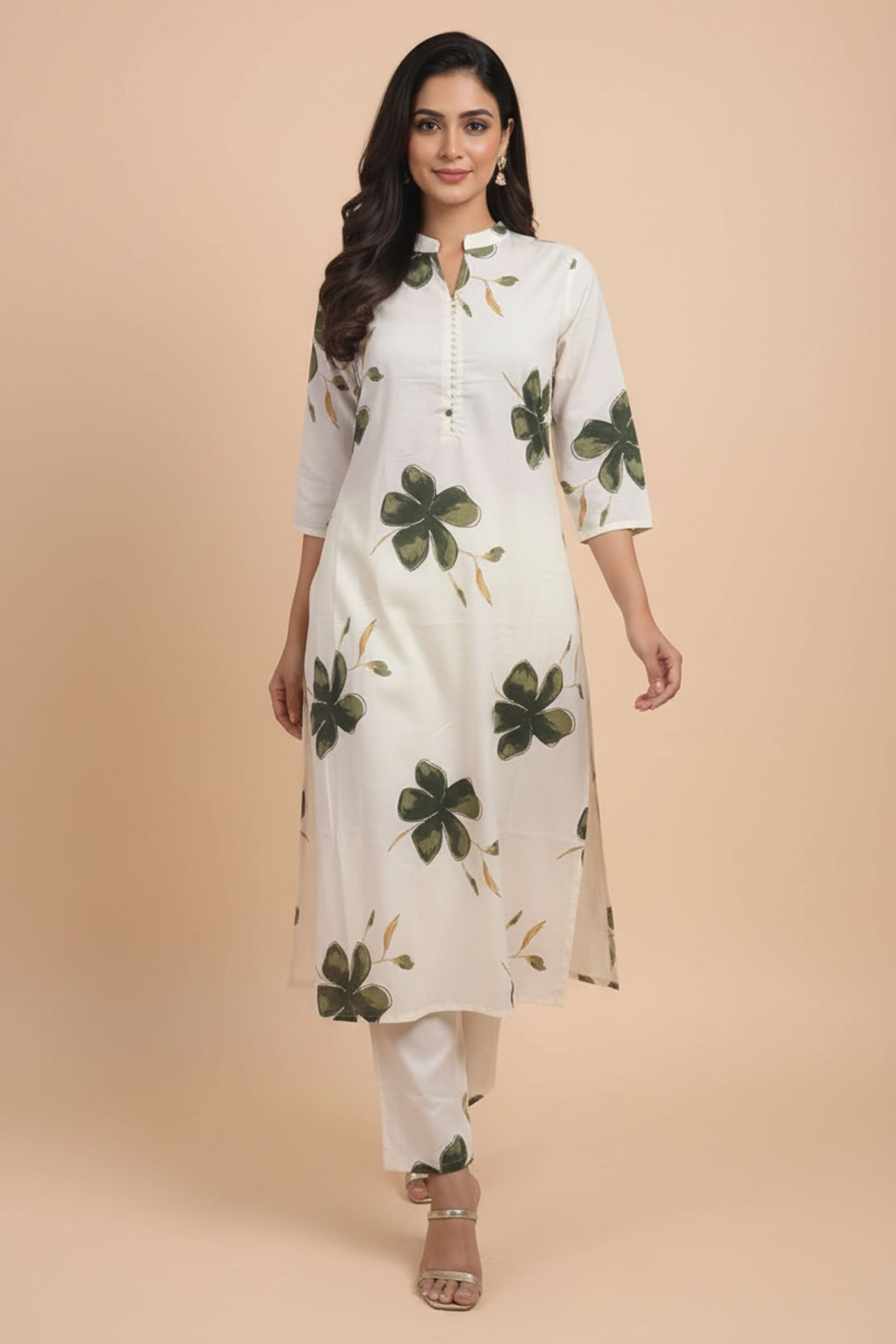 Off White Floral Printed Cotton Set Including Comfortable Top and Matching Bottom
