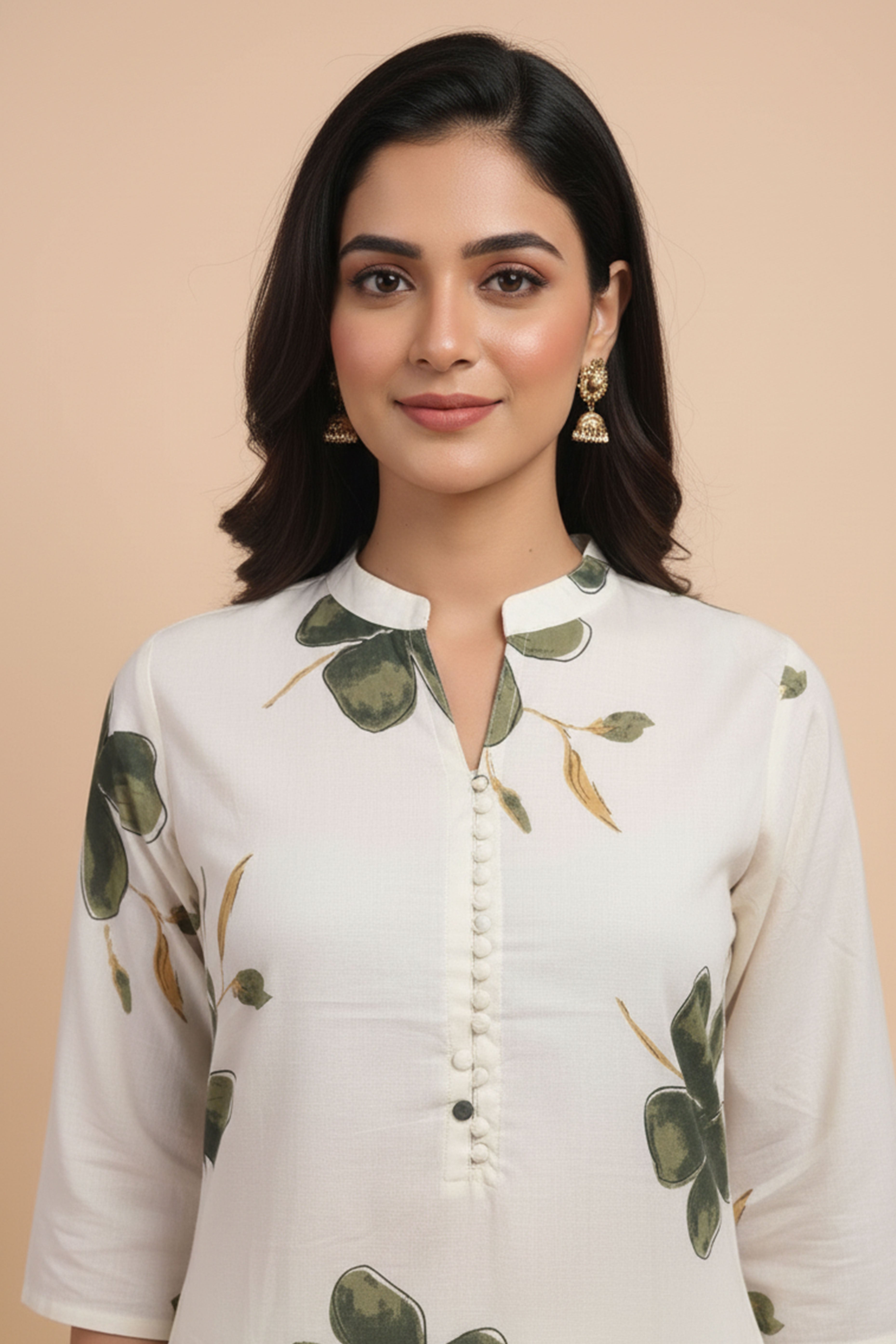 Off White Floral Printed Cotton Set Including Comfortable Top and Matching Bottom