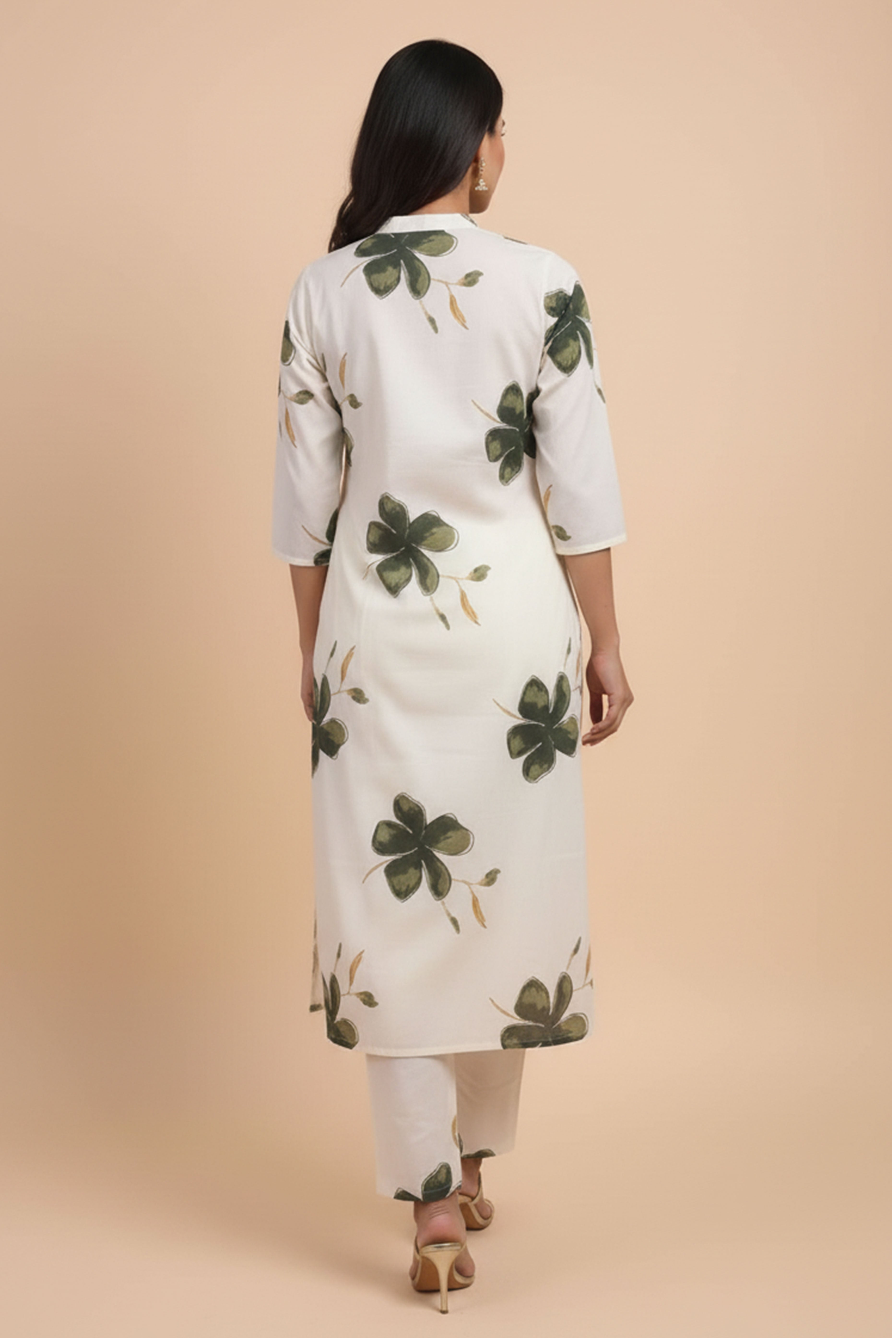 Off White Floral Printed Cotton Set Including Comfortable Top and Matching Bottom