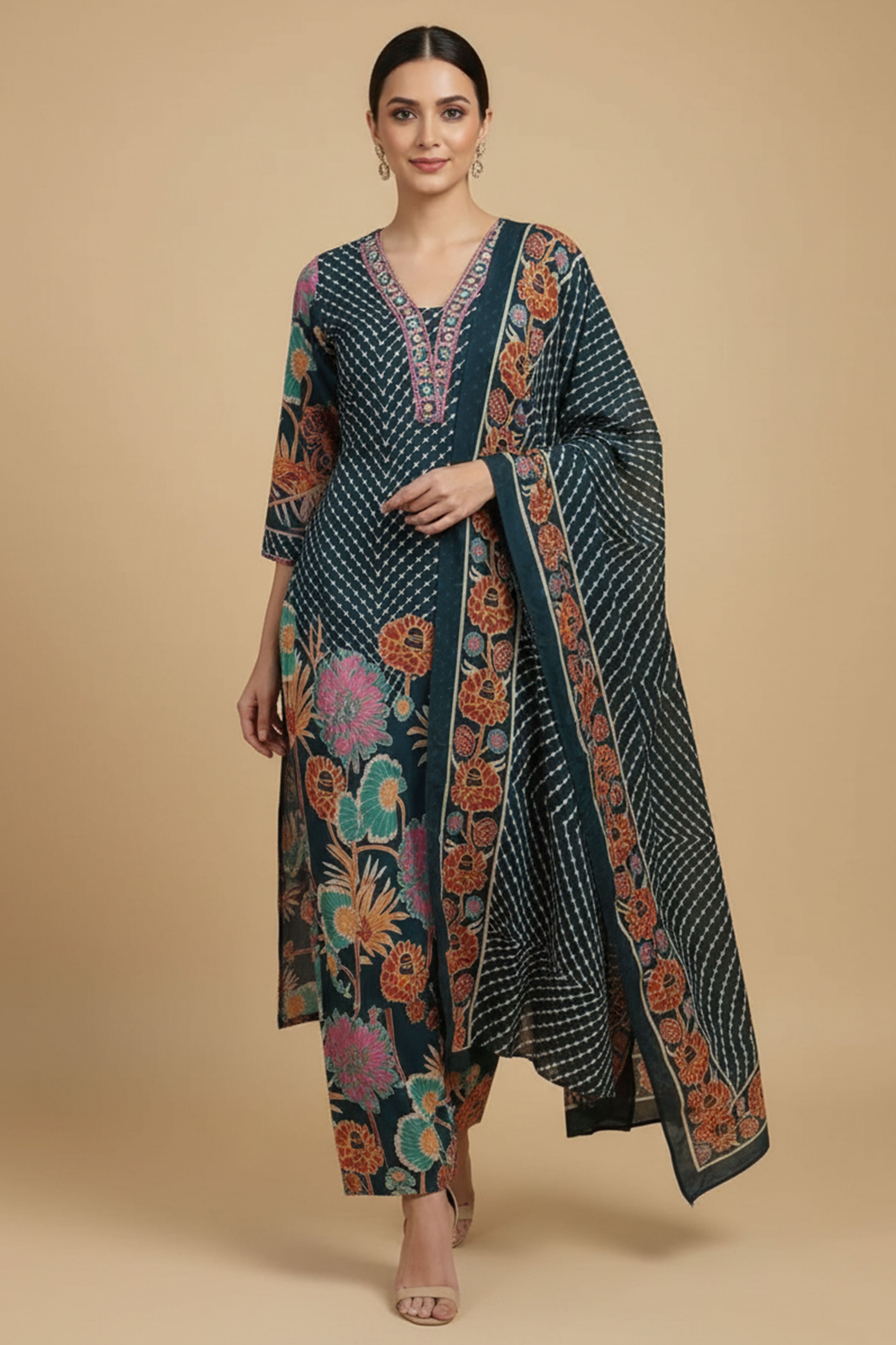 Stylish Navy Blue Pure Cotton Straight Cut Salwar Suit Featuring Floral Print & Neck Embroidery Work