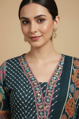 Stylish Navy Blue Pure Cotton Straight Cut Salwar Suit Featuring Floral Print & Neck Embroidery Work