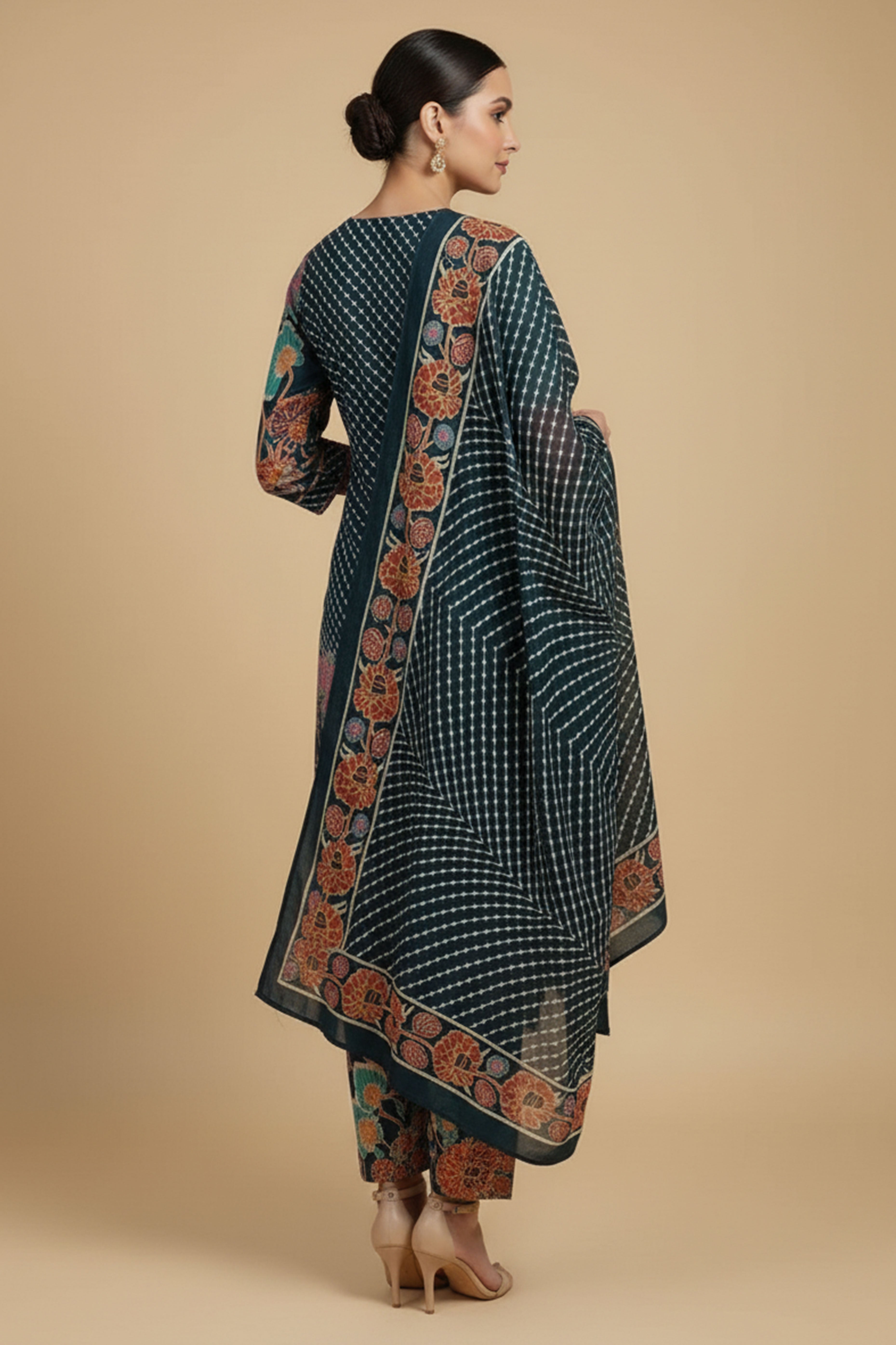 Stylish Navy Blue Pure Cotton Straight Cut Salwar Suit Featuring Floral Print & Neck Embroidery Work