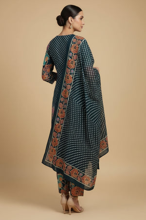 Stylish Navy Blue Pure Cotton Straight Cut Salwar Suit Featuring Floral Print & Neck Embroidery Work