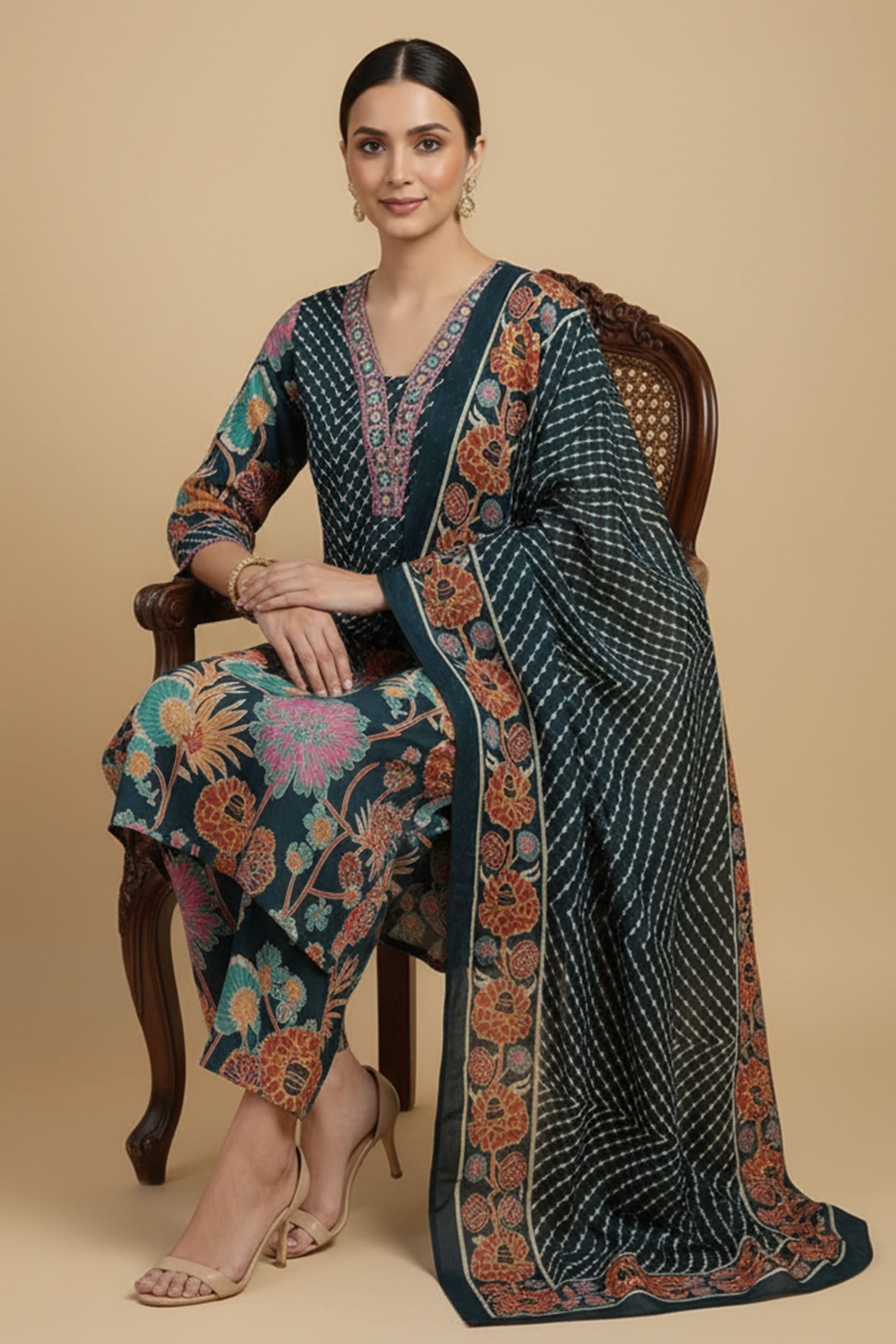 Stylish Navy Blue Pure Cotton Straight Cut Salwar Suit Featuring Floral Print & Neck Embroidery Work