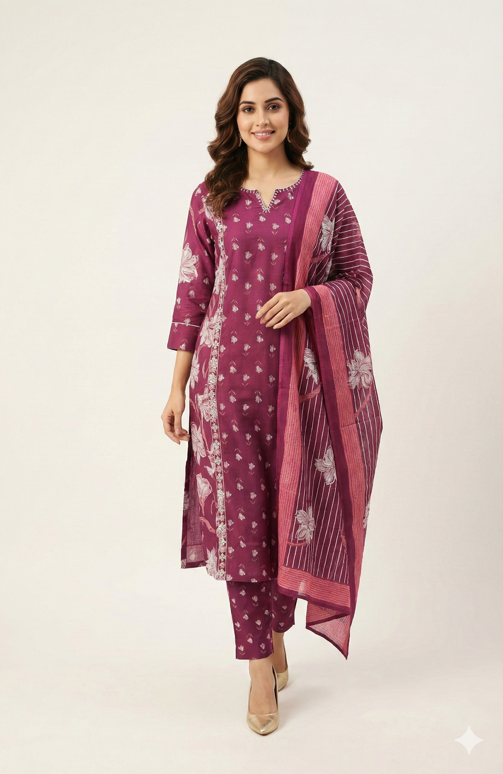 Wine Pure Cotton Suit Set Showcasing Delicate Floral Prints and Fine Thread Work