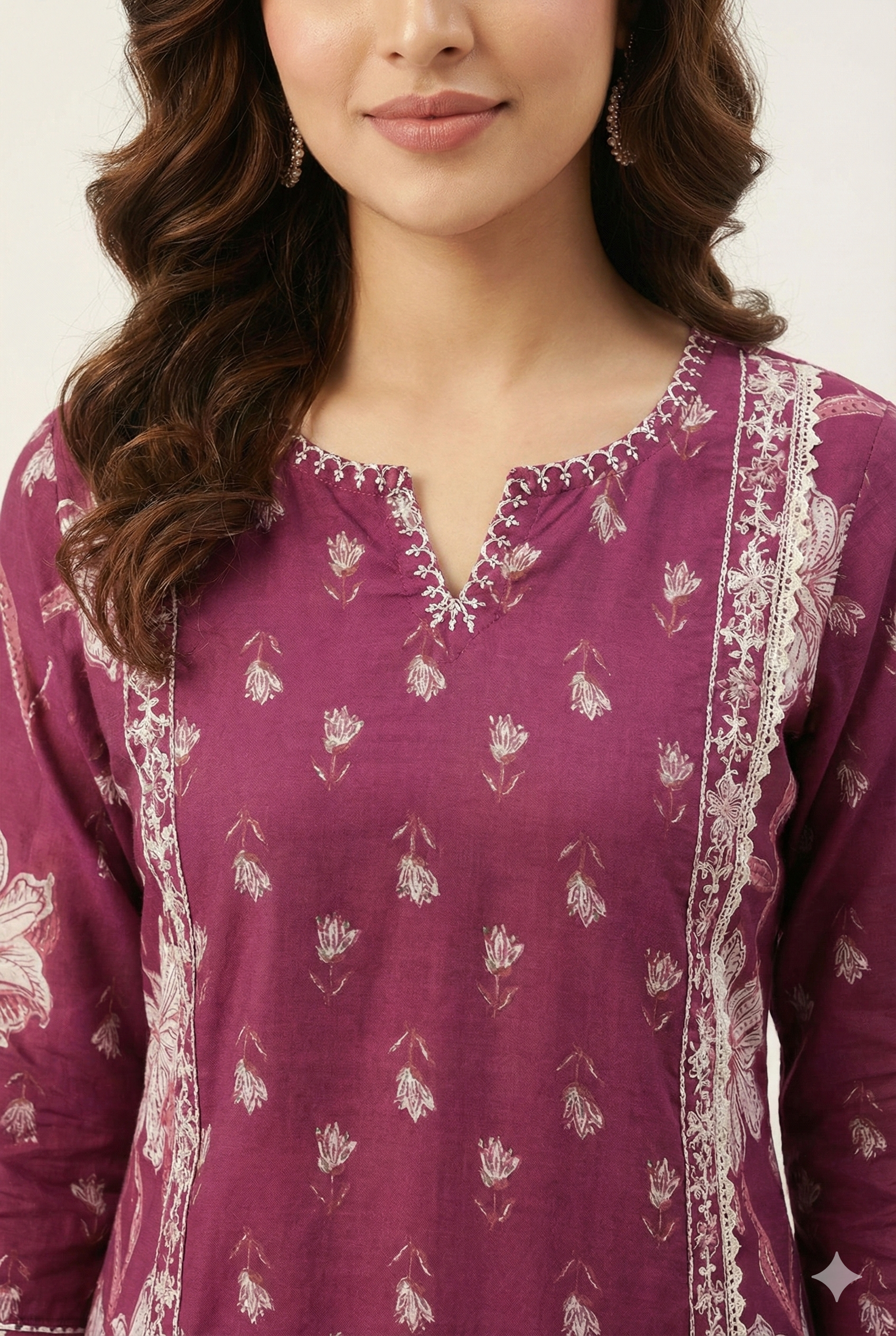 Wine Pure Cotton Suit Set Showcasing Delicate Floral Prints and Fine Thread Work