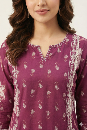 Wine Pure Cotton Suit Set Showcasing Delicate Floral Prints and Fine Thread Work