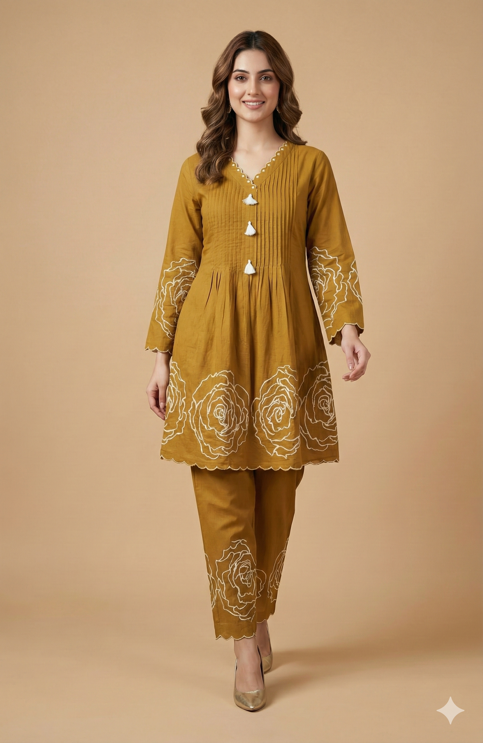 Stylish Mustard Pure Cotton A-Line Top Bottom Set Accented with Graceful Floral Patterns
