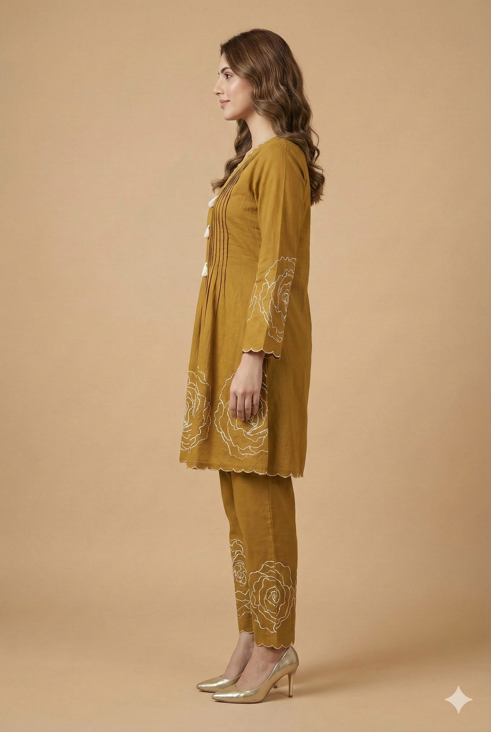 Stylish Mustard Pure Cotton A-Line Top Bottom Set Accented with Graceful Floral Patterns