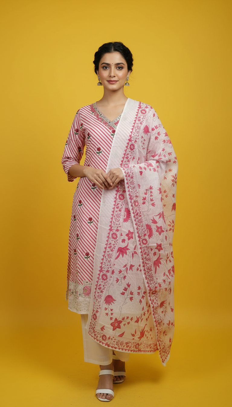White Floral Printed Pure Cotton Straight Cut Salwar Suit for Festive Wear