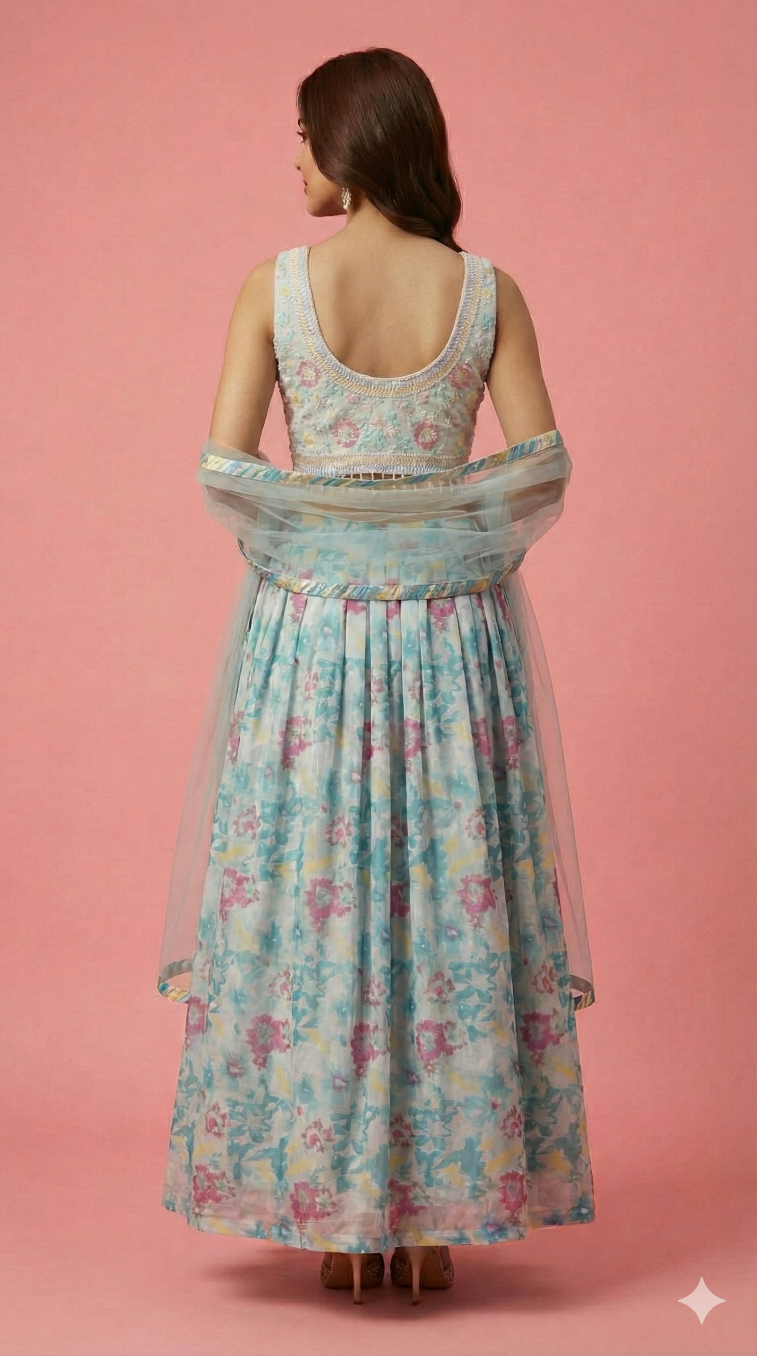 Sky Blue Floral Printed Georgette Lehenga Choli With Embroidered Blouse & Net Dupatta