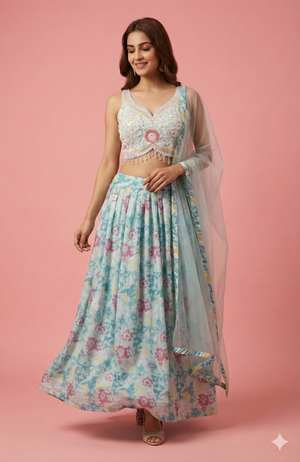 Sky Blue Floral Printed Georgette Lehenga Choli With Embroidered Blouse & Net Dupatta
