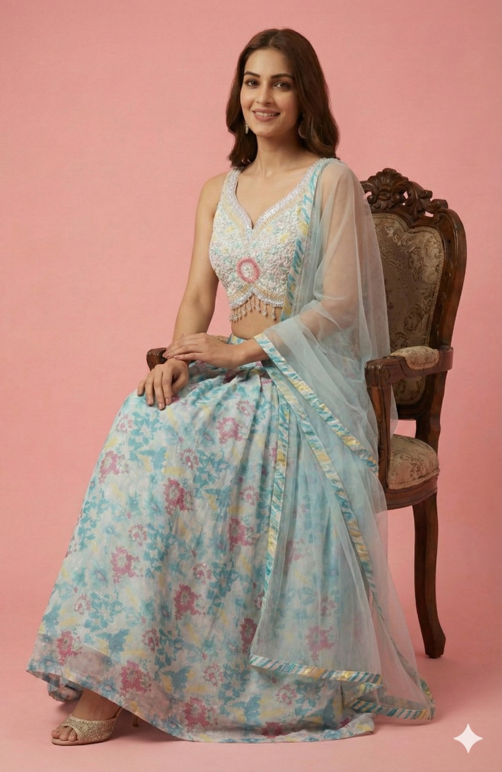 Sky Blue Floral Printed Georgette Lehenga Choli With Embroidered Blouse & Net Dupatta