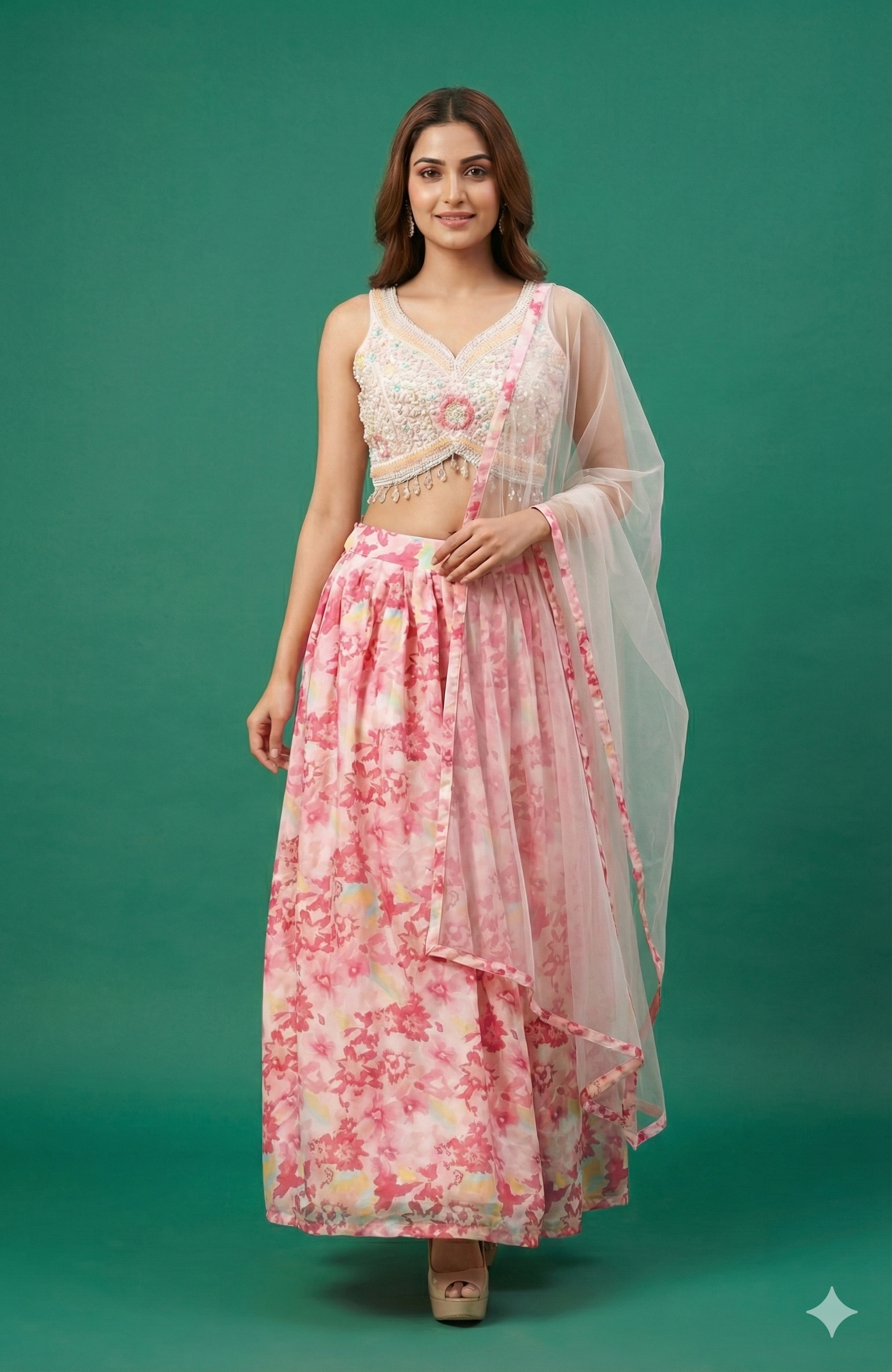 Light Pink Floral Printed Georgette Lehenga Choli With Embroidered Blouse & Net Dupatta