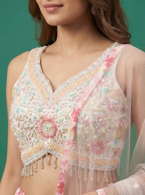 Light Pink Floral Printed Georgette Lehenga Choli With Embroidered Blouse & Net Dupatta