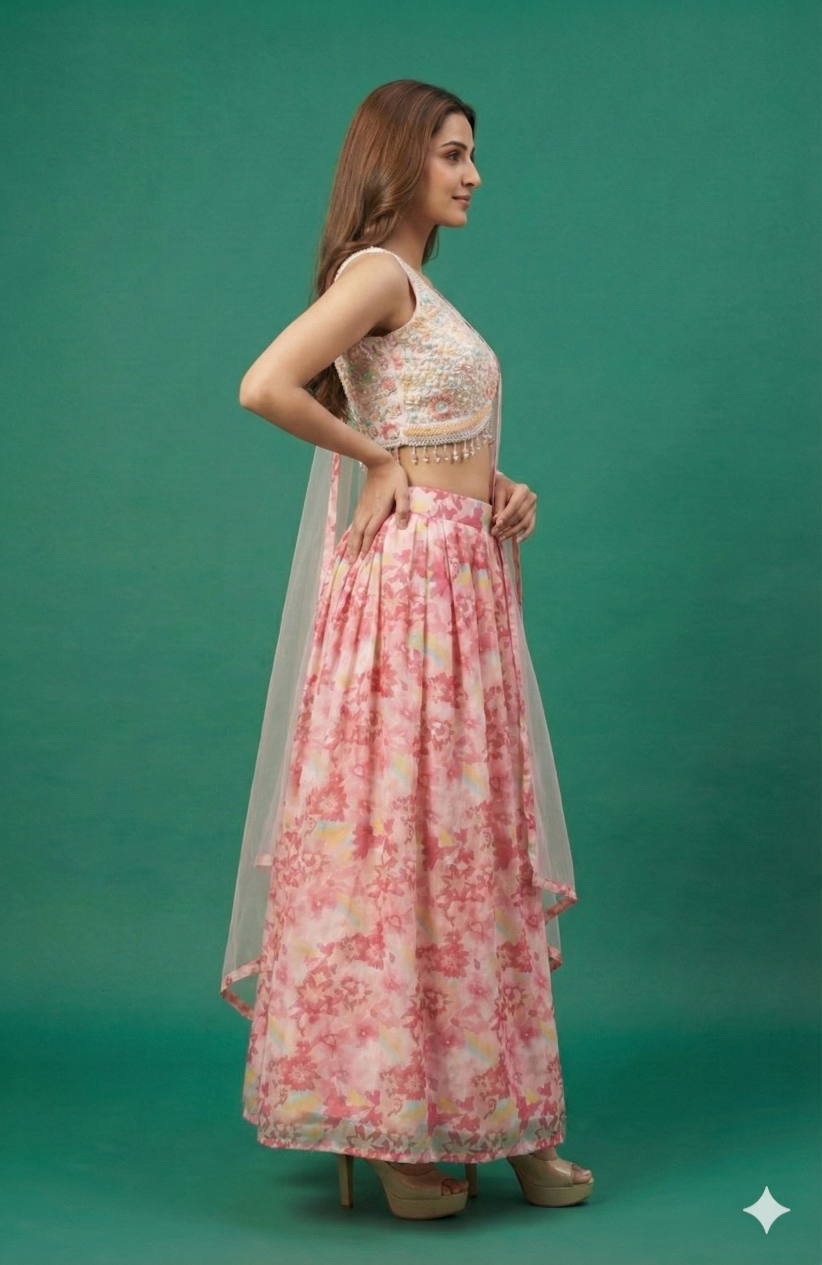 Light Pink Floral Printed Georgette Lehenga Choli With Embroidered Blouse & Net Dupatta