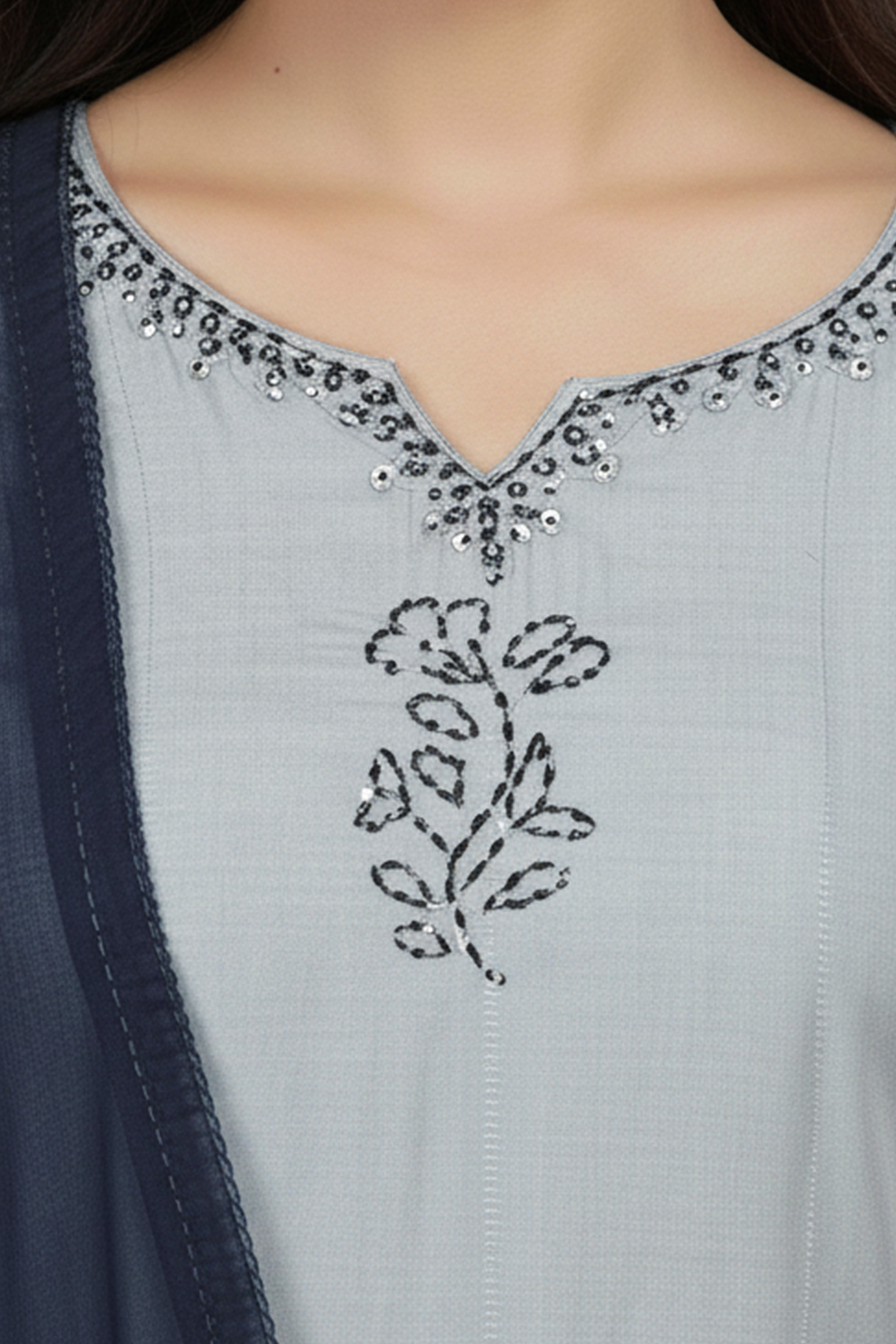 Grey & Blue Handwork Muslin Salwar Suit