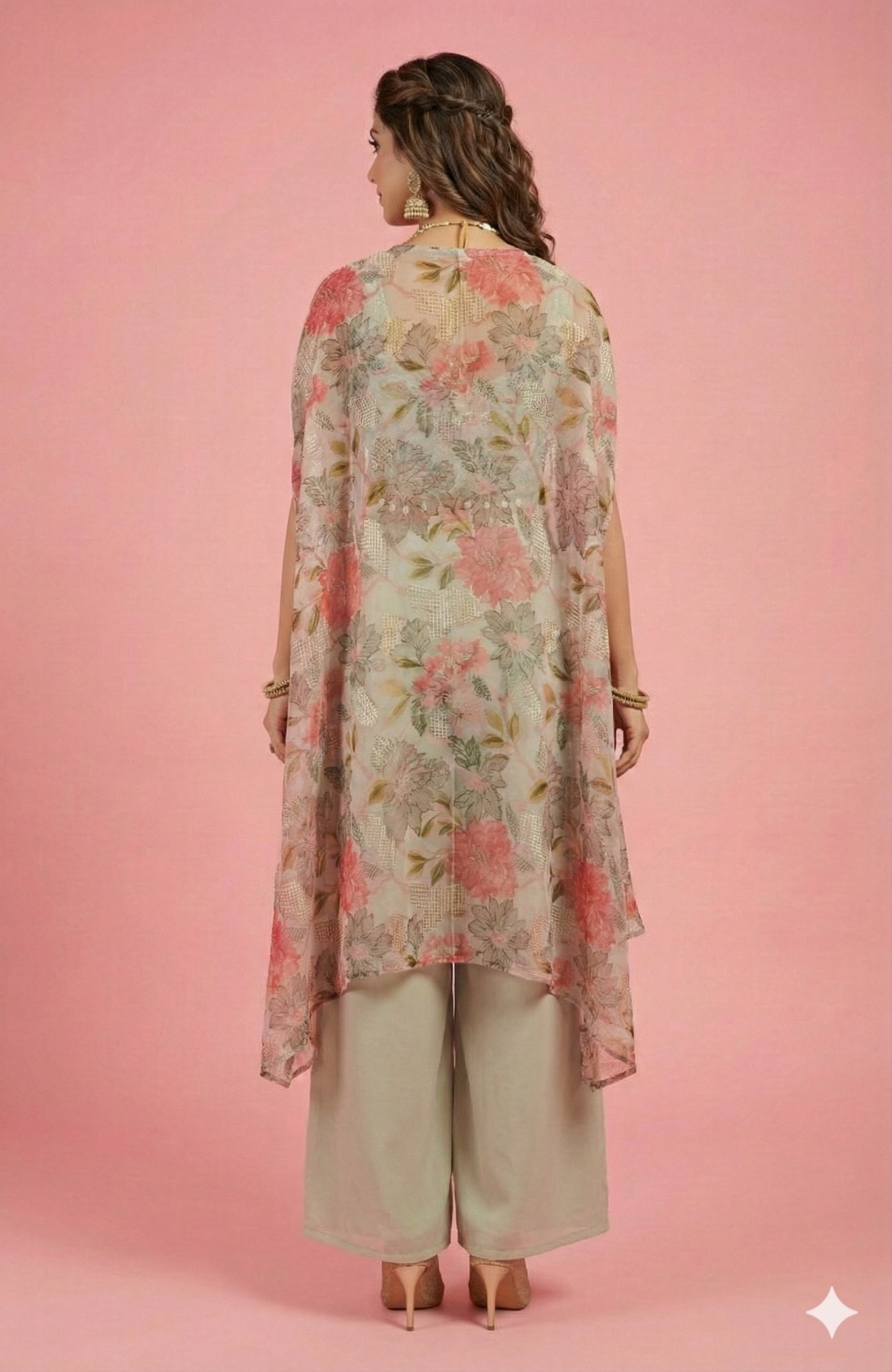 Grey Georgette Floral Printed & Embroidered Crop Top Ensemble with Coordinating Shrug and Palazzos