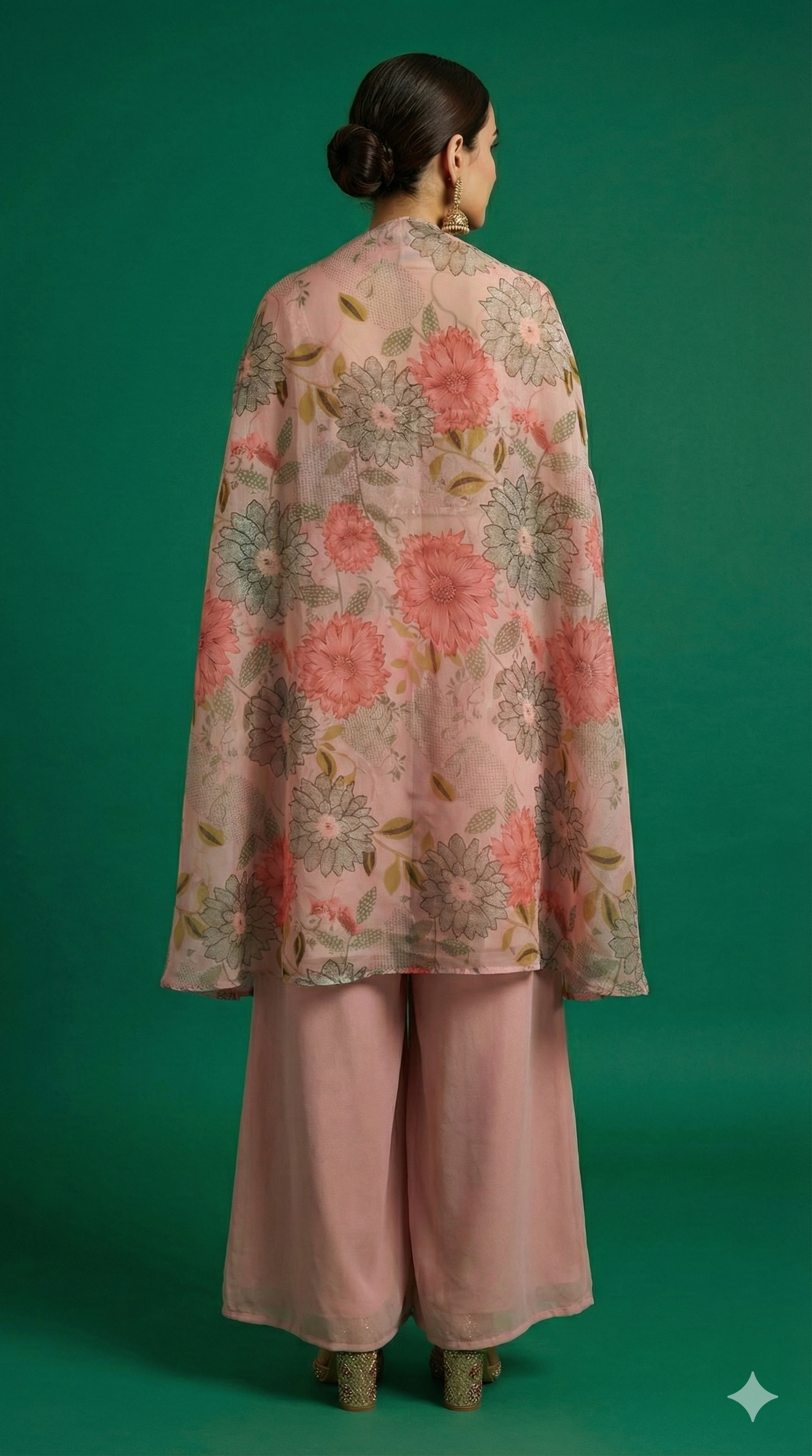 Peach Georgette Floral Printed & Embroidered Crop Top Ensemble with Coordinating Shrug and Palazzos