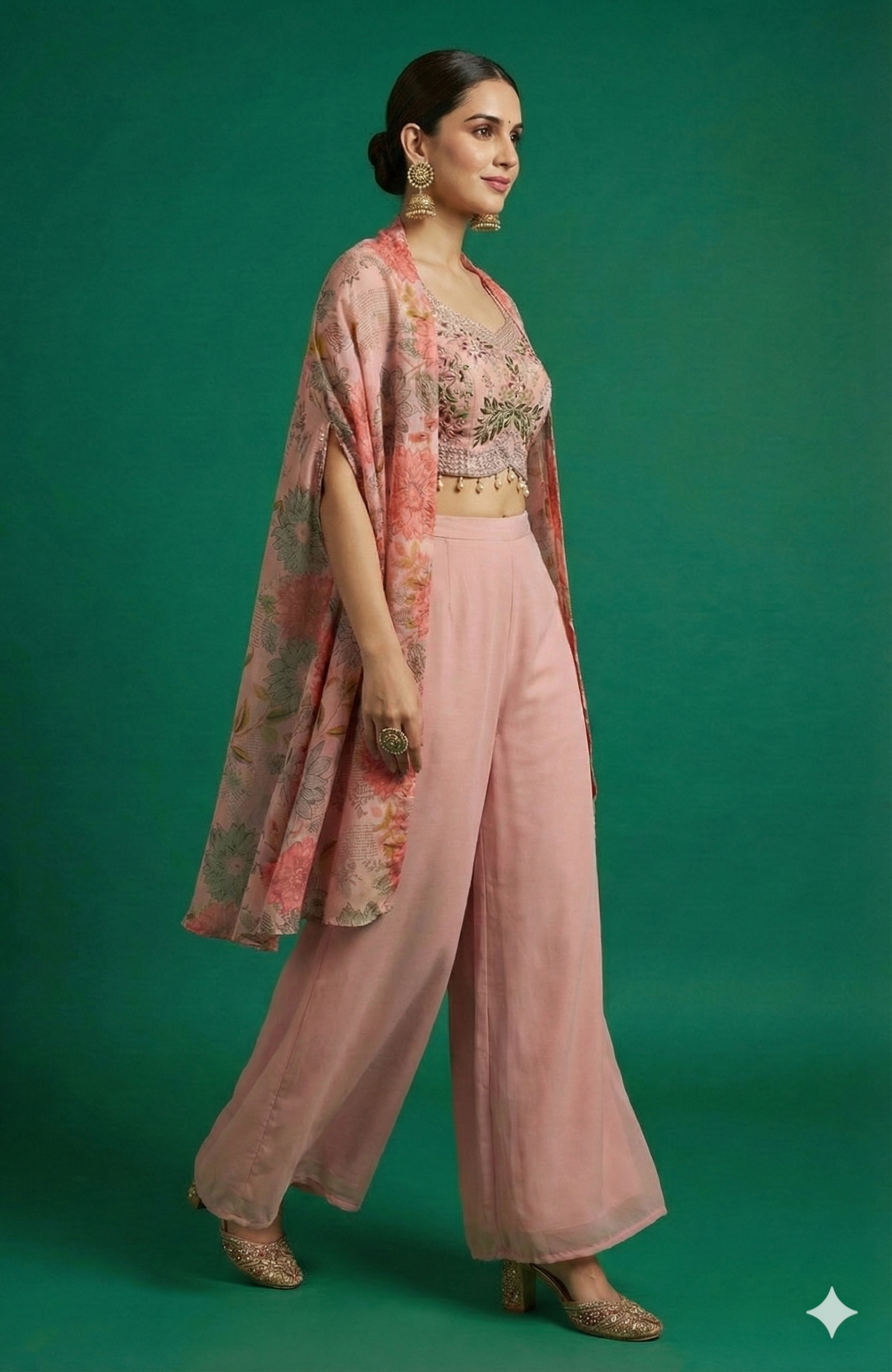 Peach Georgette Floral Printed & Embroidered Crop Top Ensemble with Coordinating Shrug and Palazzos