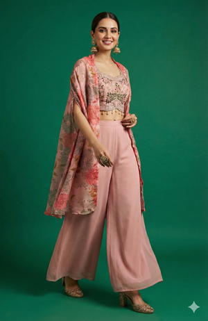 Peach Georgette Floral Printed & Embroidered Crop Top Ensemble with Coordinating Shrug and Palazzos