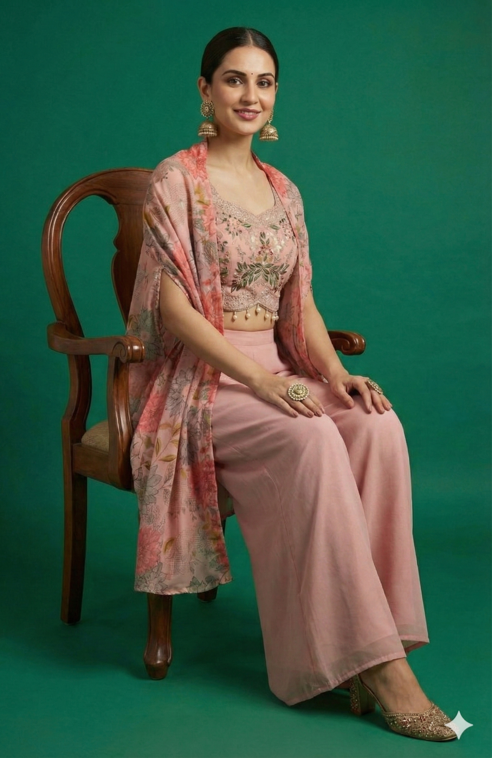 Peach Georgette Floral Printed & Embroidered Crop Top Ensemble with Coordinating Shrug and Palazzos