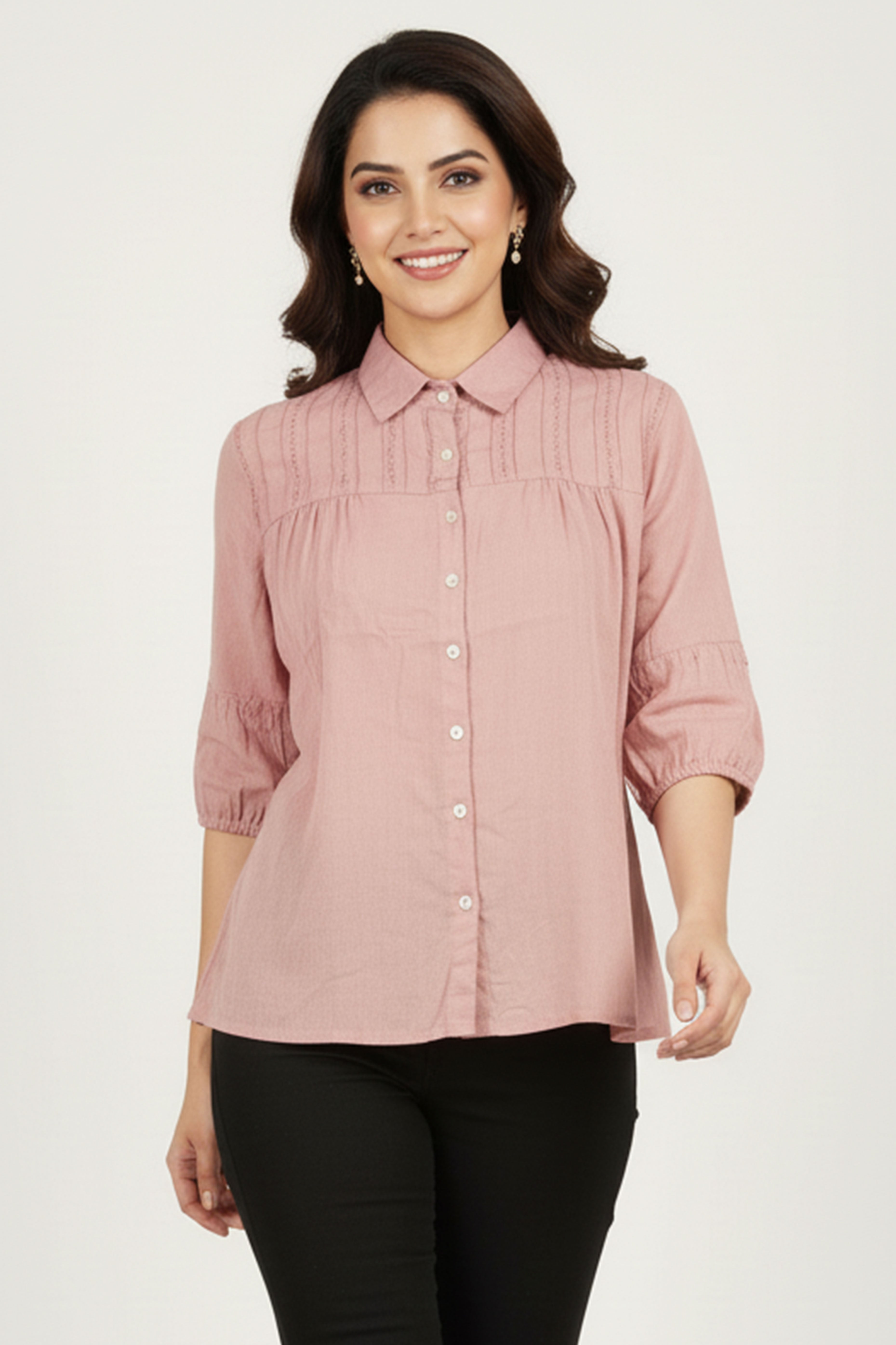 Elegant Peach Solid Cotton Shirt-Style Top