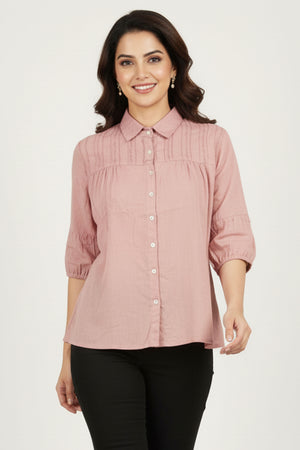 Elegant Peach Solid Cotton Shirt-Style Top