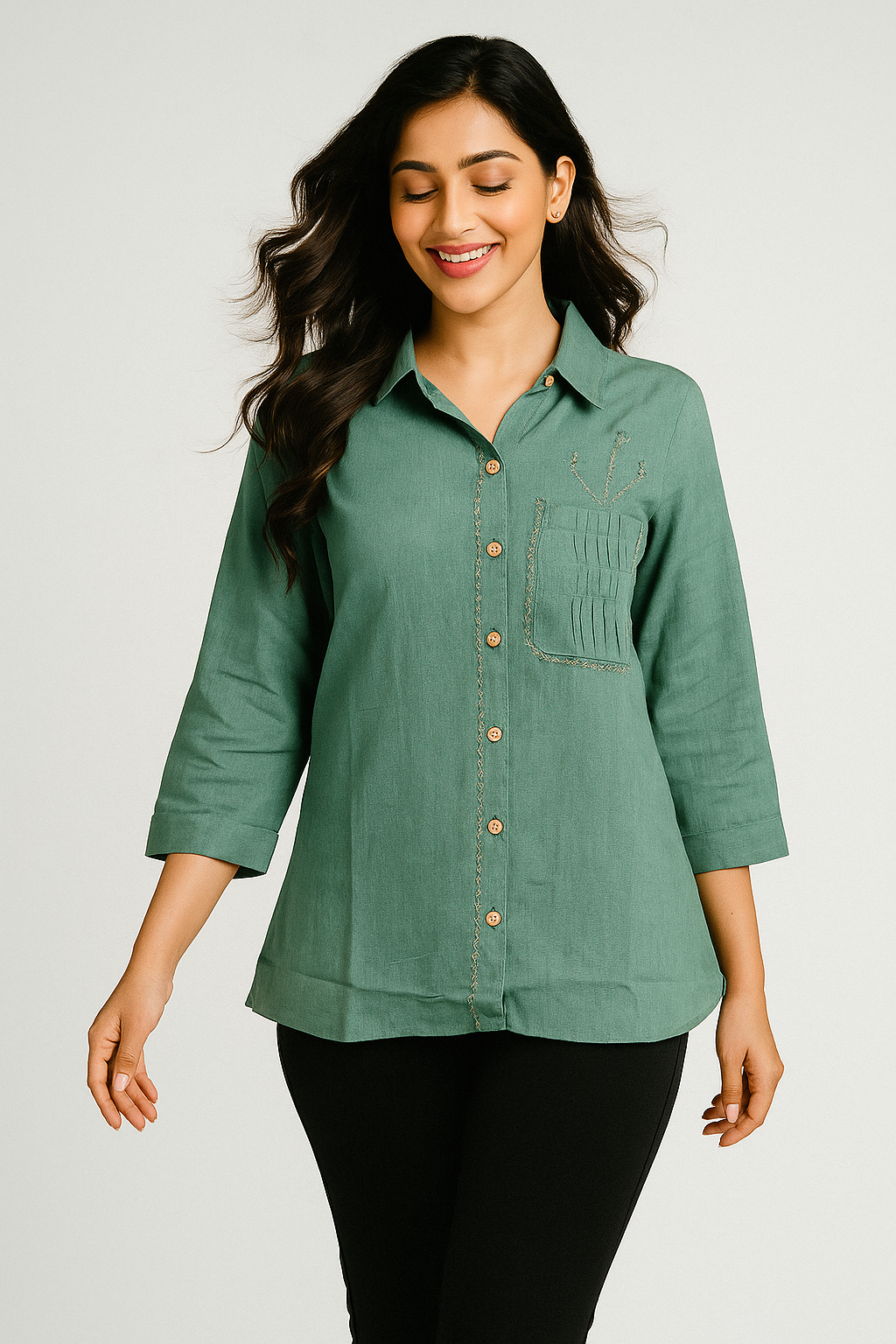 Green Pure Cotton Shirt Top with Embroidery Accent