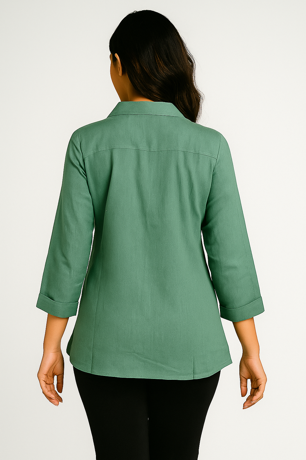 Green Pure Cotton Shirt Top with Embroidery Accent