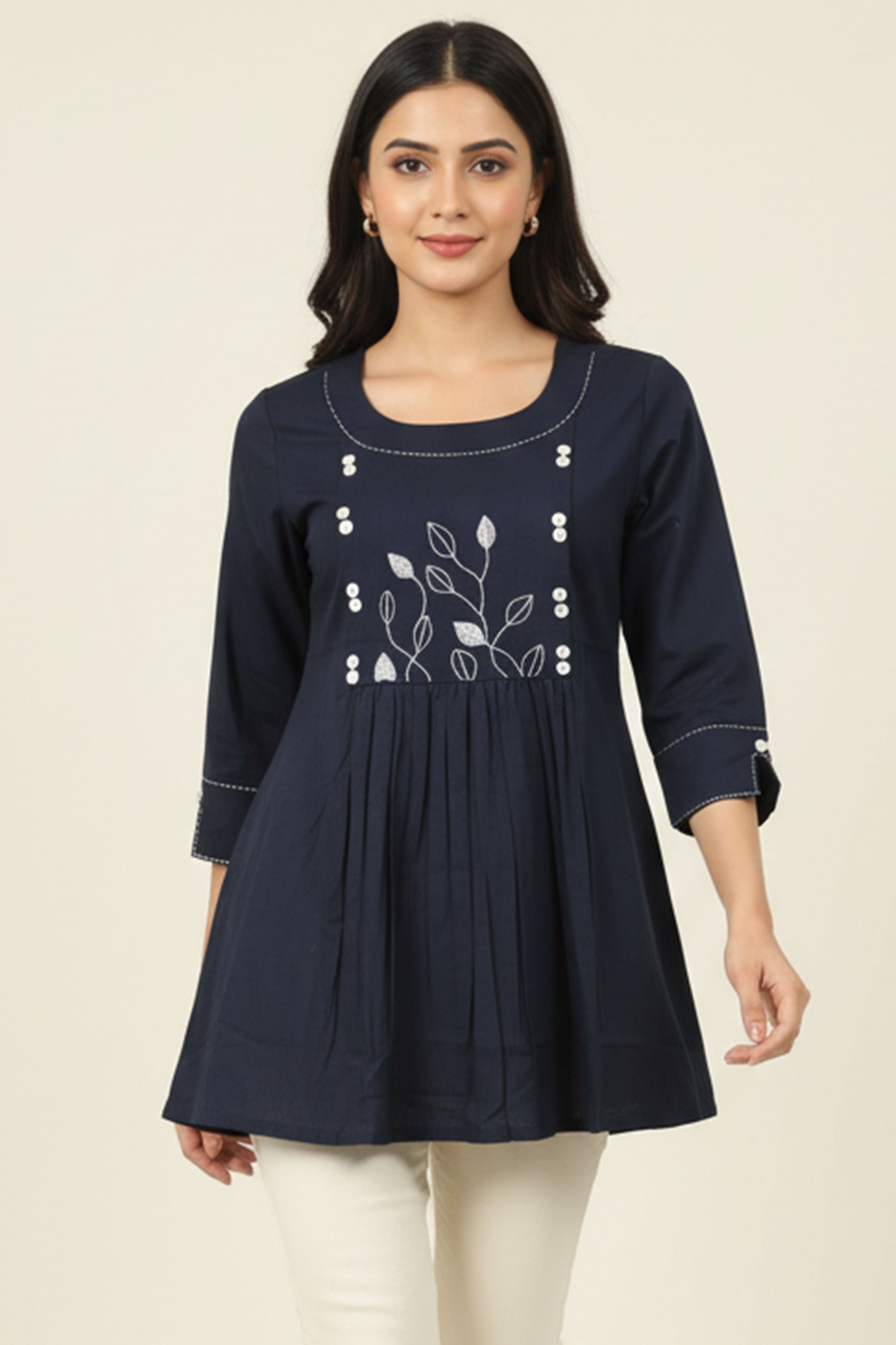 Navy Blue Cotton Tunic Top Featuring Embroidery Accents