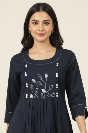Navy Blue Cotton Tunic Top Featuring Embroidery Accents
