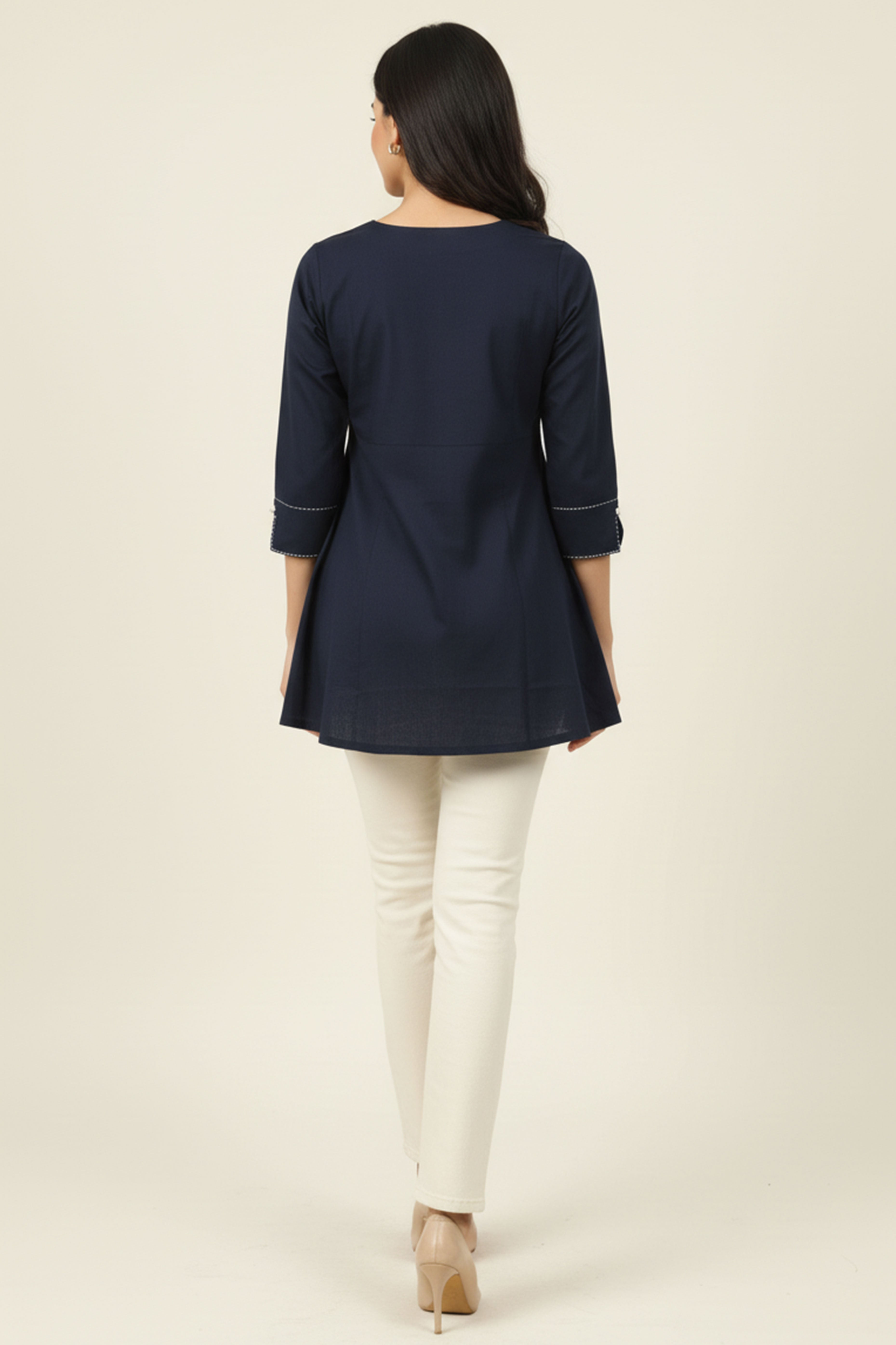 Navy Blue Cotton Tunic Top Featuring Embroidery Accents