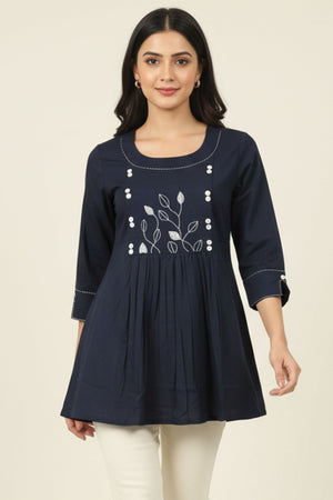 Navy Blue Cotton Tunic Top Featuring Embroidery Accents